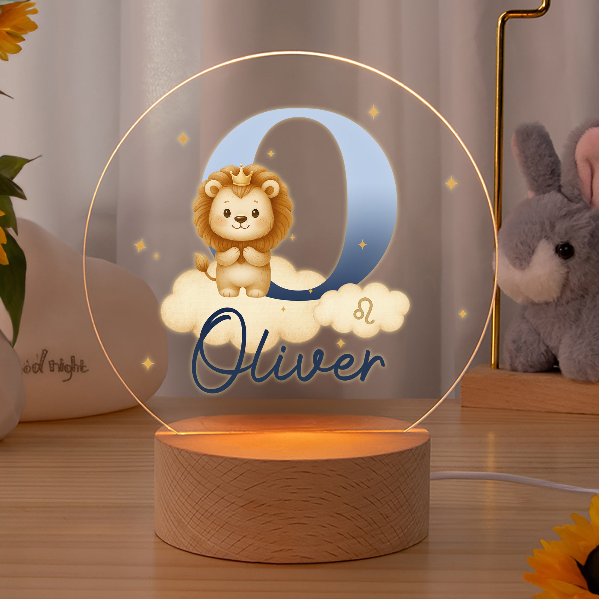 Personalizado lindo animal de dibujos animados Constelaciones acrílico LED Luz de noche con nombre inicial y base de madera Decoración de la guardería Regalo de cumpleaños para niños Niñas