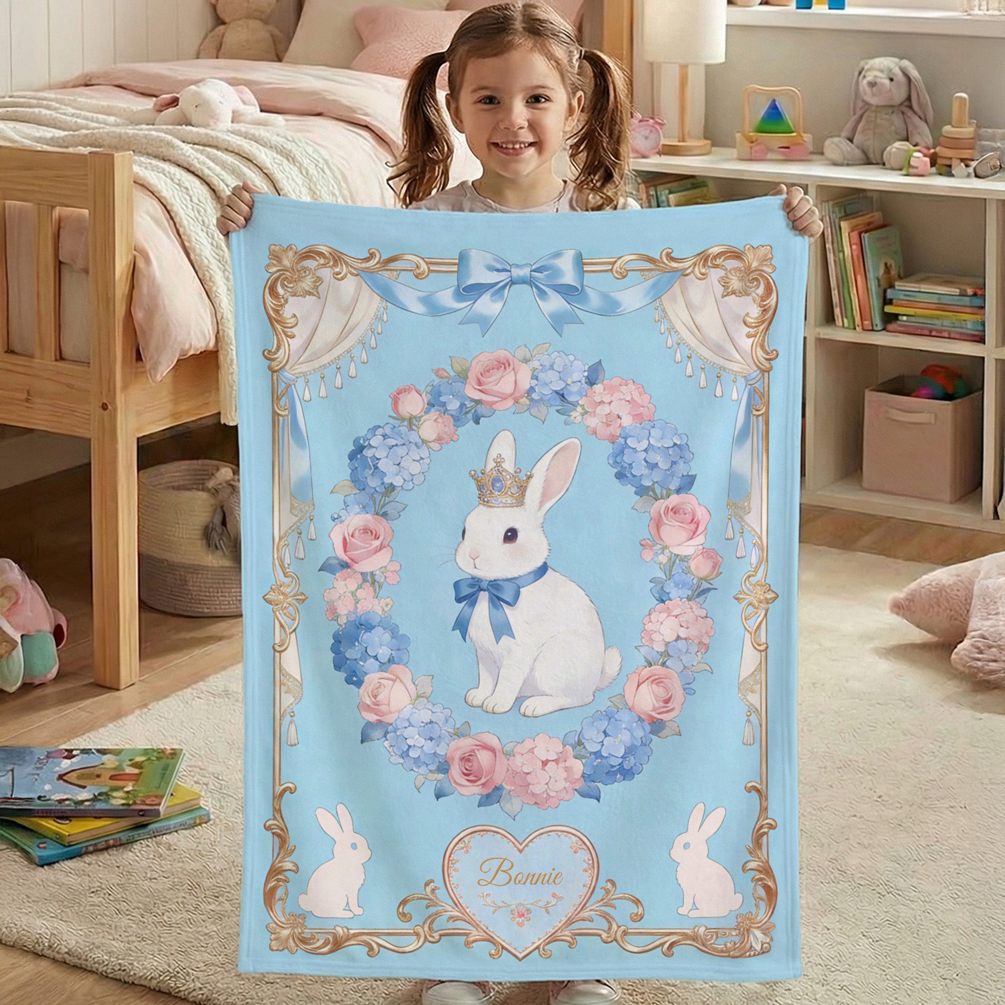 Personalizado Floral Arco Marco Corona Conejo Suave manta con nombre Decoración de la habitación Cumpleaños Pascua Regalo para Niños Niñas