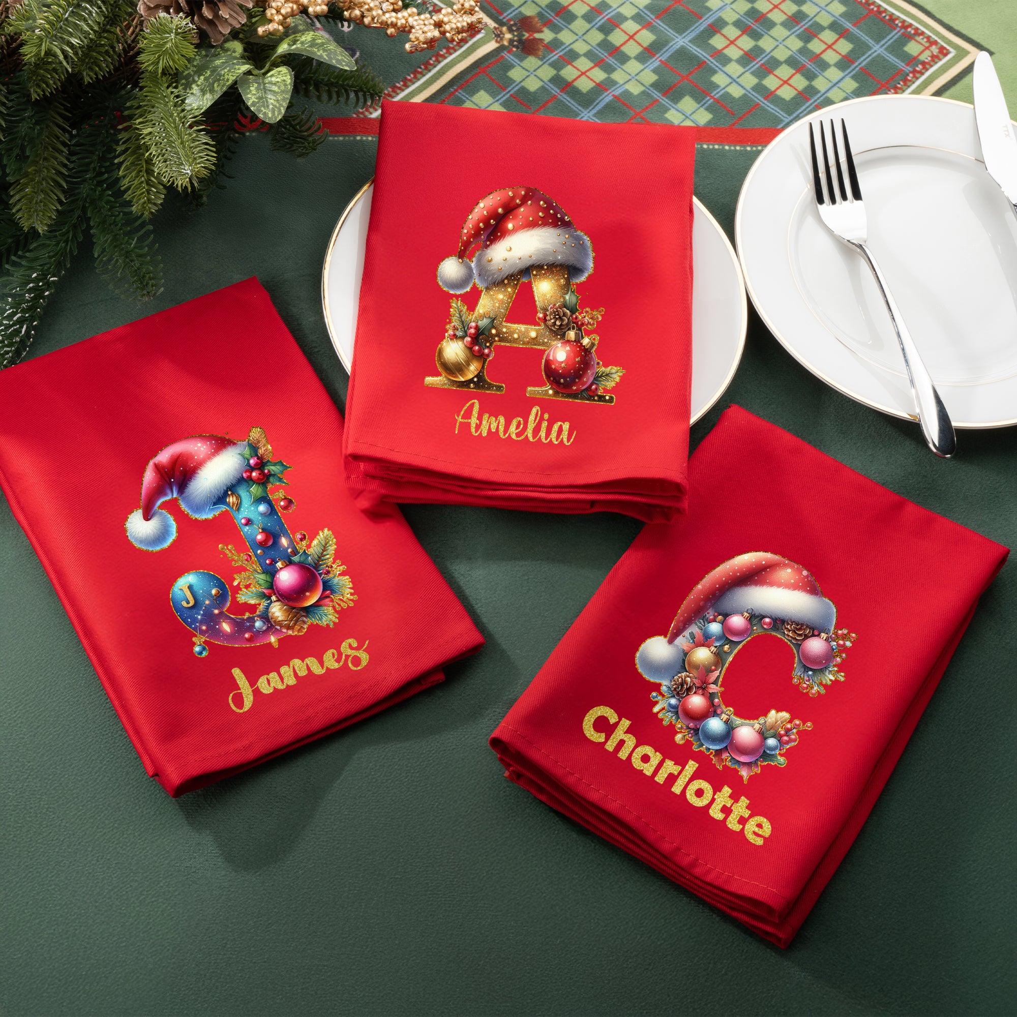 Sombrero de Santa Claus personalizado 100% Algodón Servilleta Roja con Nombre e Inicial Decoración de Mesa para Fiesta Regalo de Navidad para Amigos de la Familia