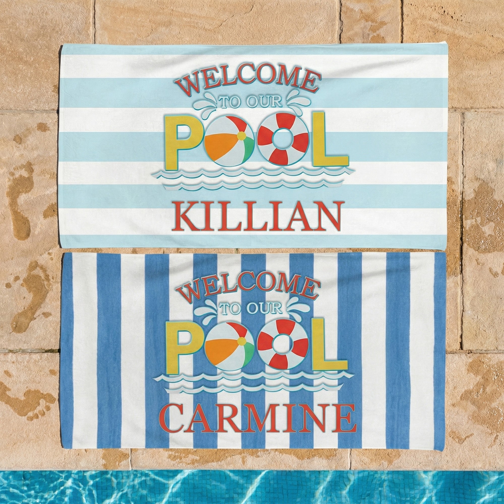 Personalizada Welcome to Our Pool Toalla de playa de rayas azules y blancas, de secado rápido, suave y de gran tamaño, con nombre Vacaciones de verano Fiesta en la playa Regalo de cumpleaños para niño
