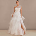 Bridal Wedding Dress Ivory-Nude Sleeveless Long One Shoulder Ball-Gown Princess