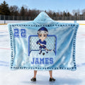 Personaje deportivo de dibujos animados personalizado Manta suave con capucha con nombre y número Cumpleaños Navidad Juego Regalo para los amantes de los jugadores de hockey sobre hielo
