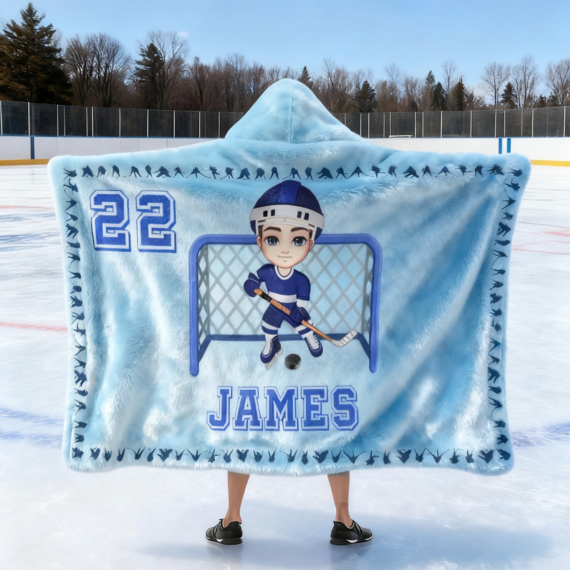 Personaje deportivo de dibujos animados personalizado Manta suave con capucha con nombre y número Cumpleaños Navidad Juego Regalo para los amantes de los jugadores de hockey sobre hielo