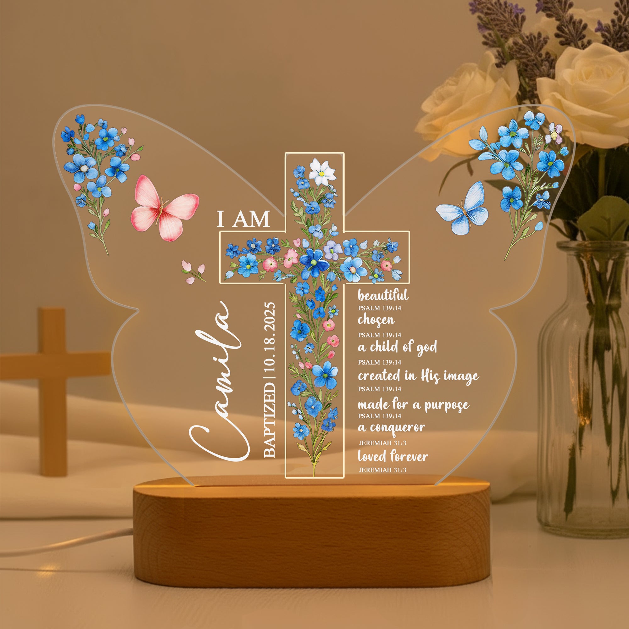 Luz nocturna LED personalizada con mariposa, flor, cruz, nombre, fecha y base de madera Decoración para el cuarto de los niños Regalo de Baby Shower para la familia cristiana