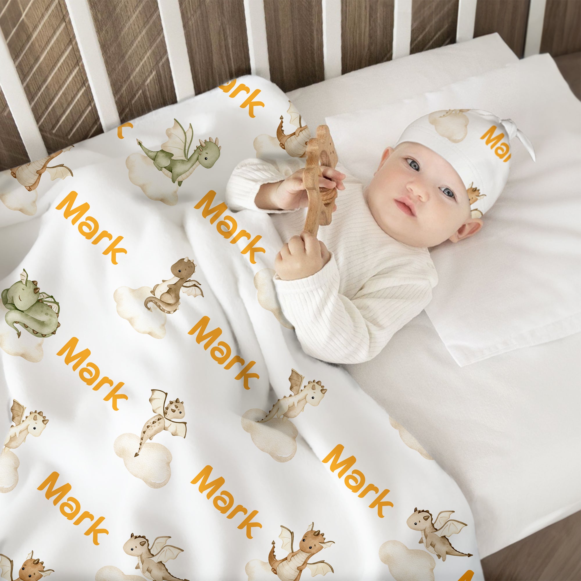 Set de manta y gorro de nudo personalizados de dinosaurio 100% algodón con nombre para uso diario Regalo de cumpleaños para baby shower para recién nacidos