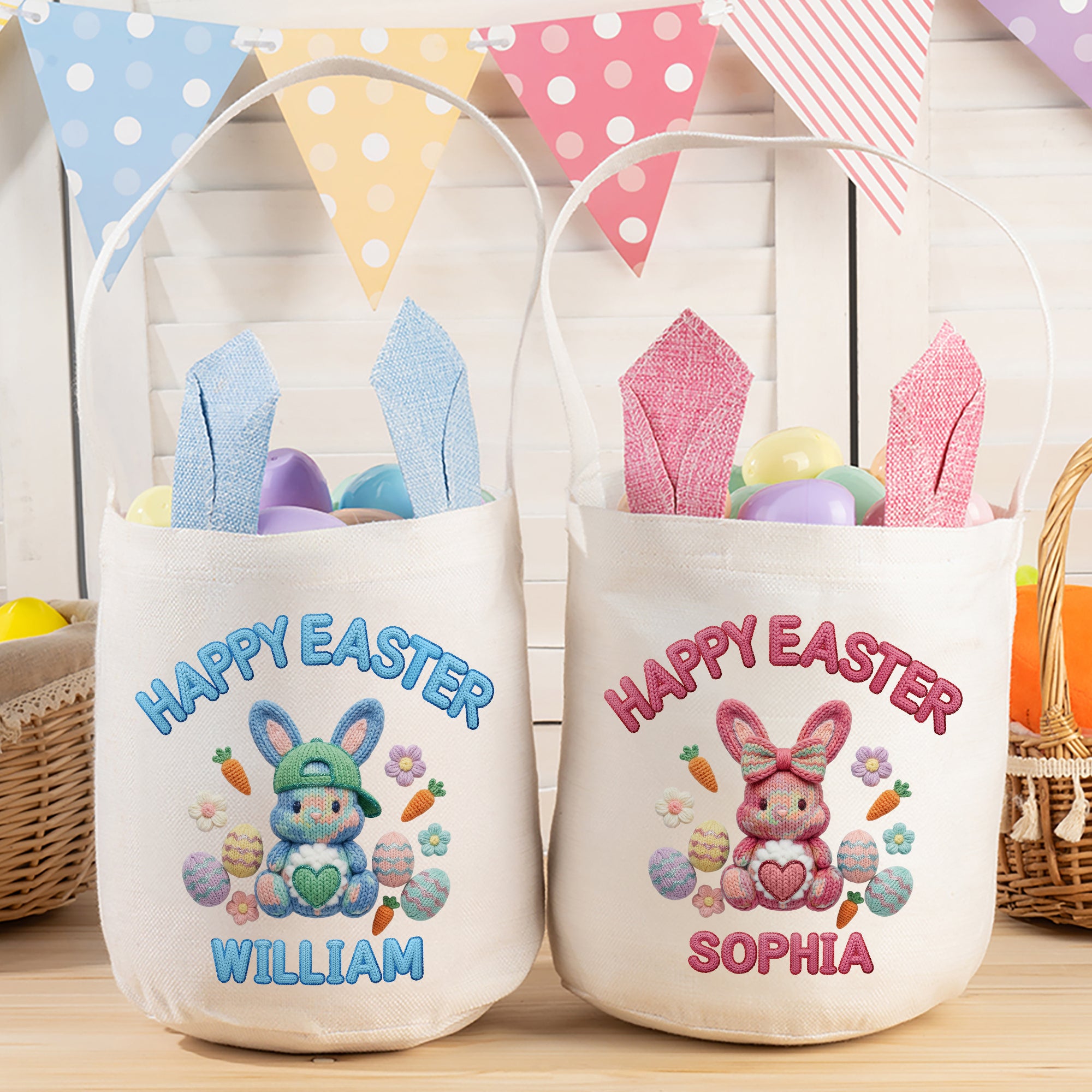 Personalizada de hilo de ganchillo Efecto lindo conejo Nombre Cubo de lino cesta con orejas de conejo de Pascua de caza de huevos de Pascua Fiesta de Regalos para Niños