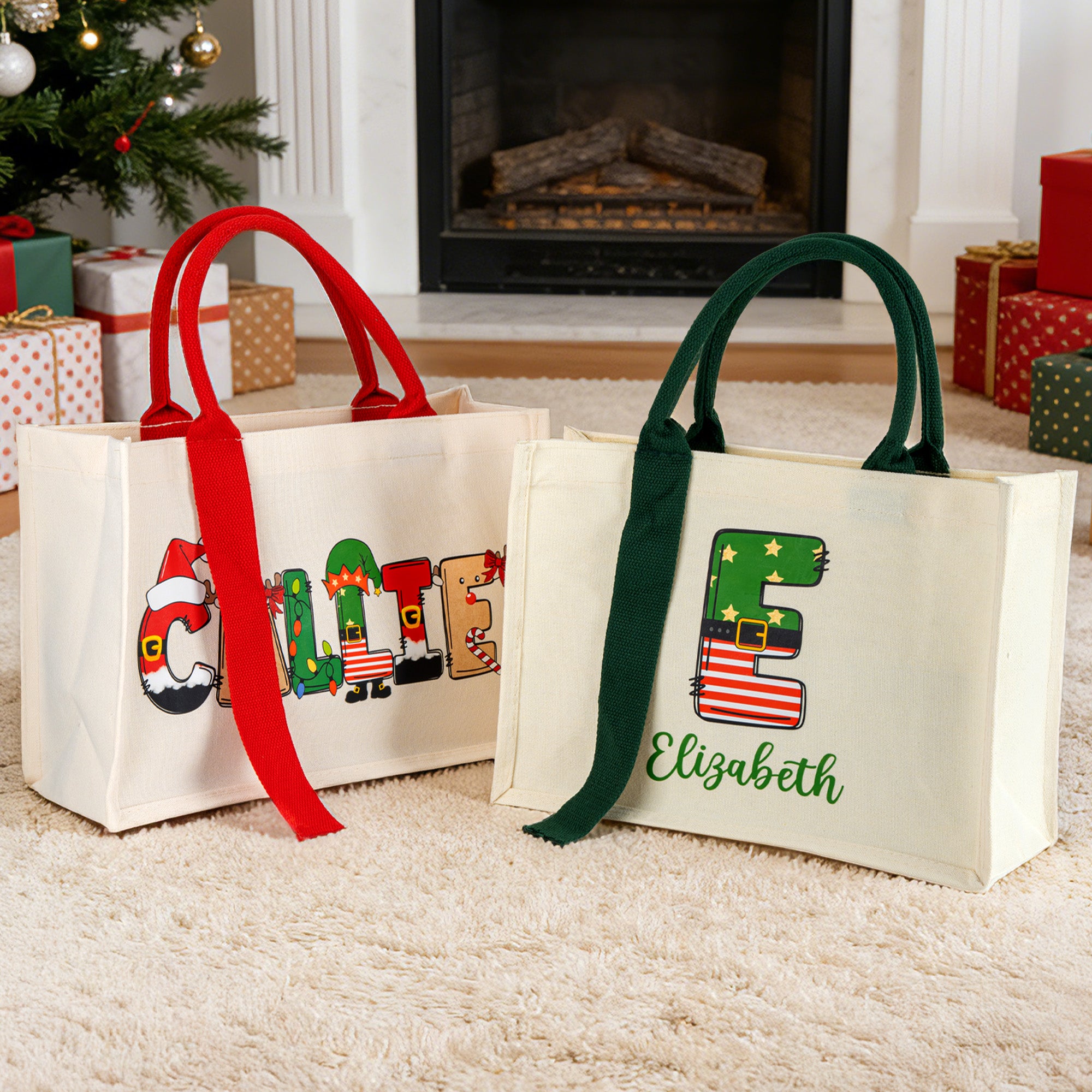 Luces de colores personalizadas Papá Noel Alce Elfo Iniciales Bolsa de lona reutilizable con nombre y asa Regalo de Navidad para niños Familia