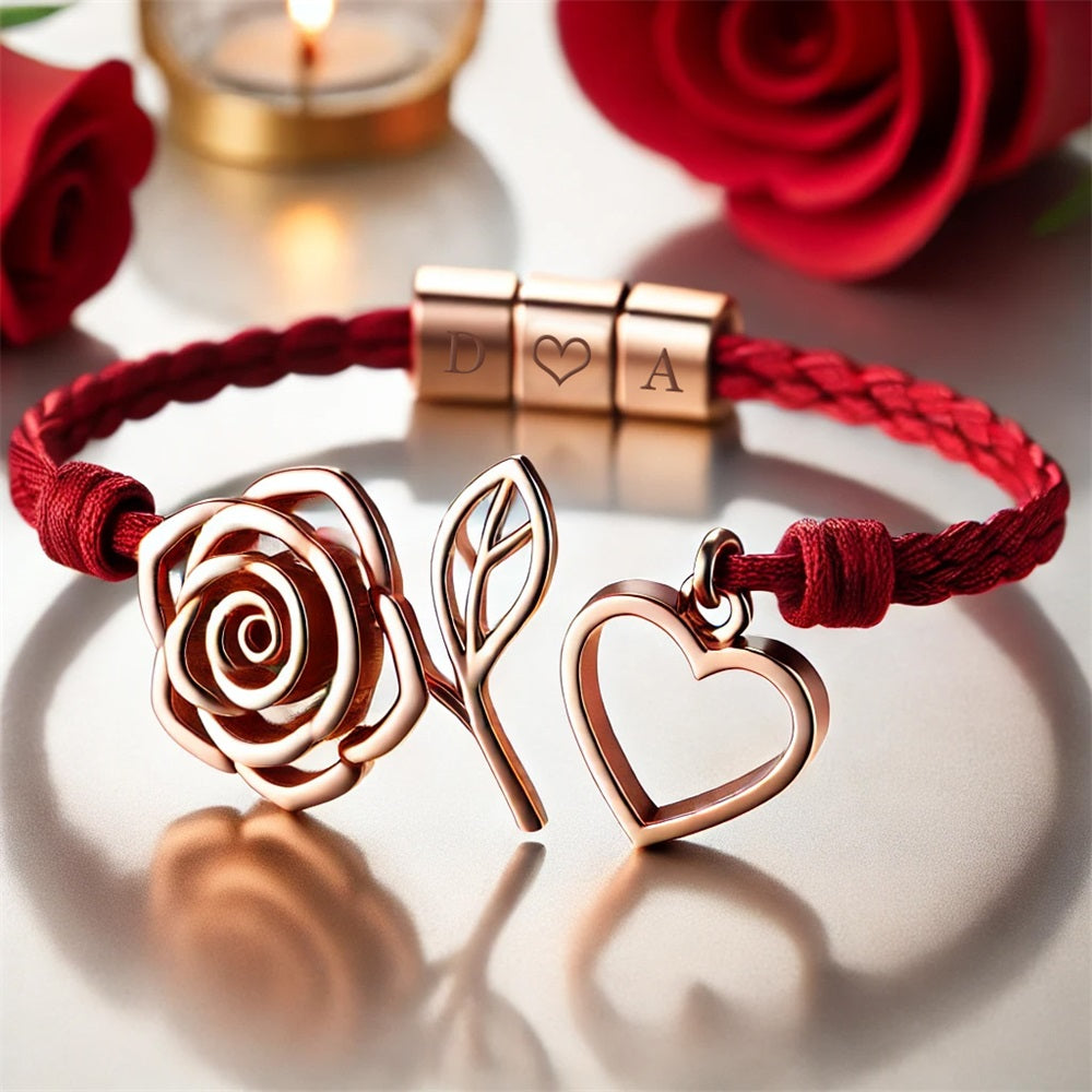 Personalizada Rose Corazón ajustable hecho a mano pulsera de cuerda roja con las iniciales grabadas Día de San Valentín Aniversario Cumpleaños regalo para las mujeres