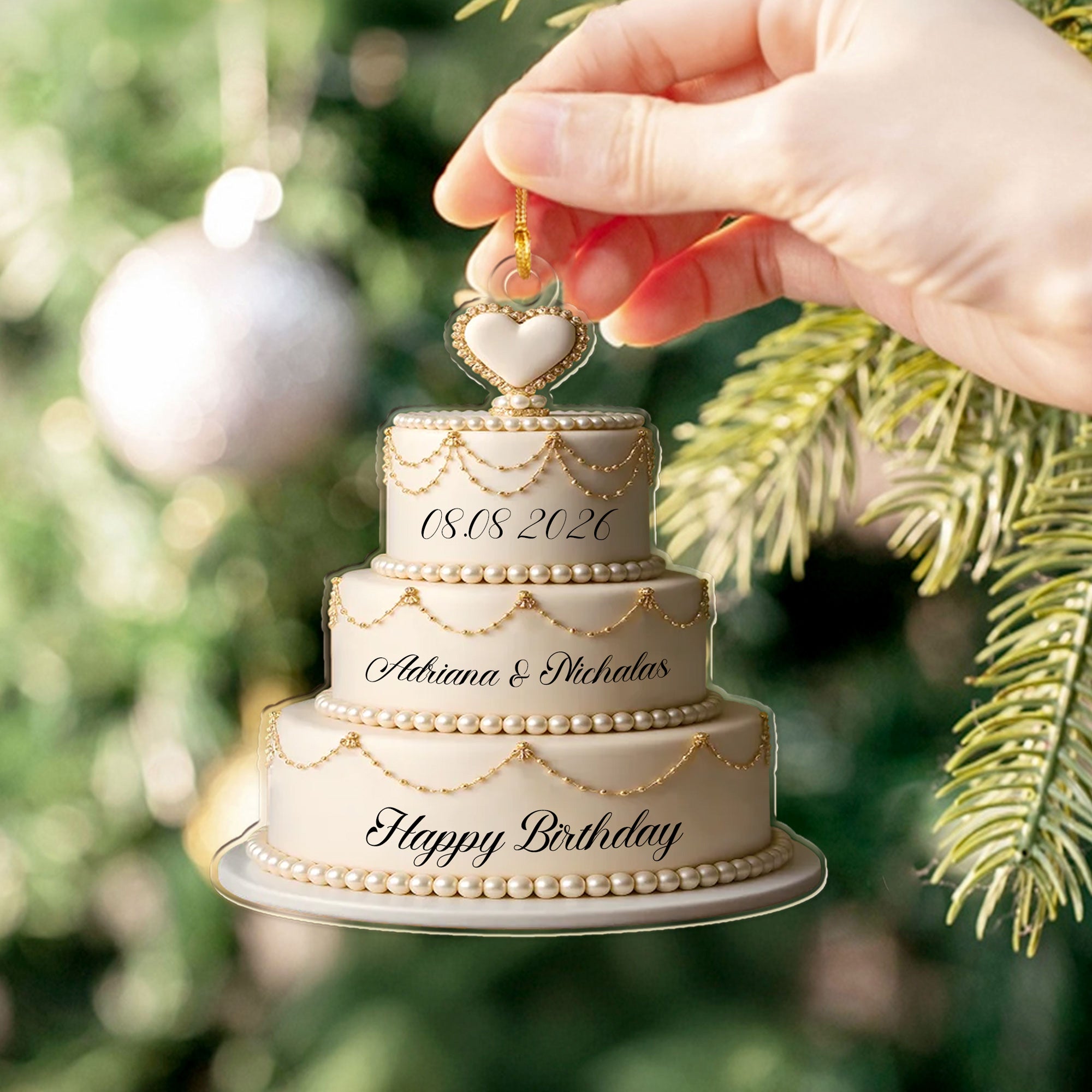 Adorno de acrílico personalizado con forma de tarta y nombre Decoración del árbol de boda Día de San Valentín Navidad Cumpleaños Regalo para pareja
