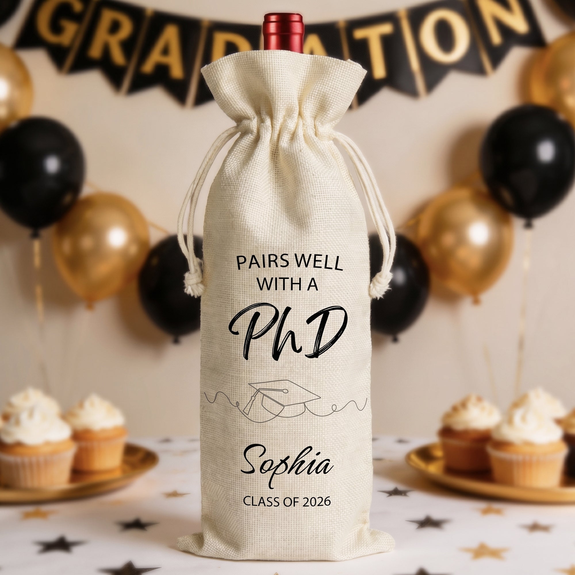 Personalizada Línea Simple Graduación Cap Drawstring Bolsa de Vino con Nombre de Texto Año Fiesta de Graduación Regalo para Master PhD Graduados