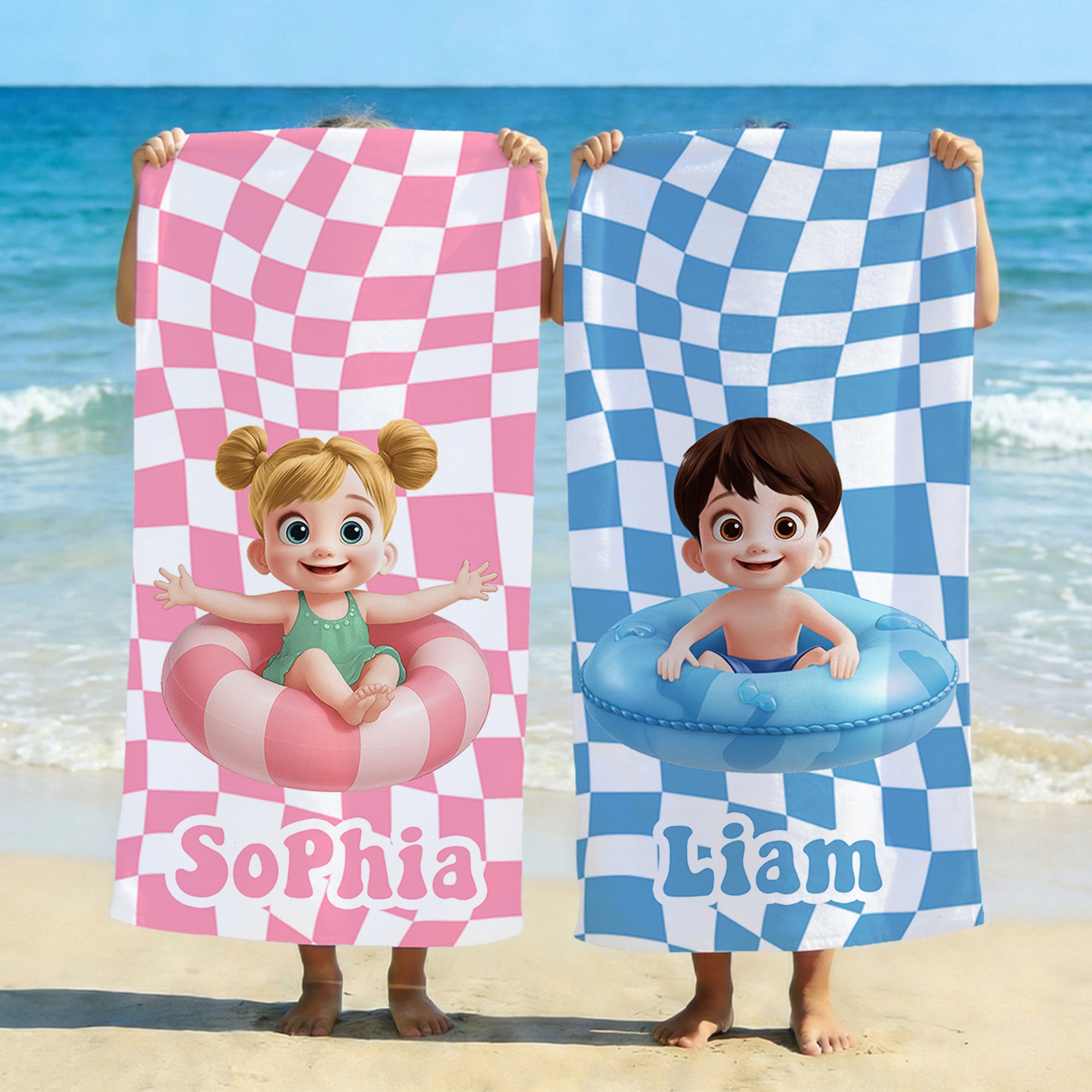 Toalla de playa de secado rápido con nombre personalizada de dibujos animados de niño, niña y cuadros escoceses Accesorio de vacaciones de verano Regalo de cumpleaños para niños