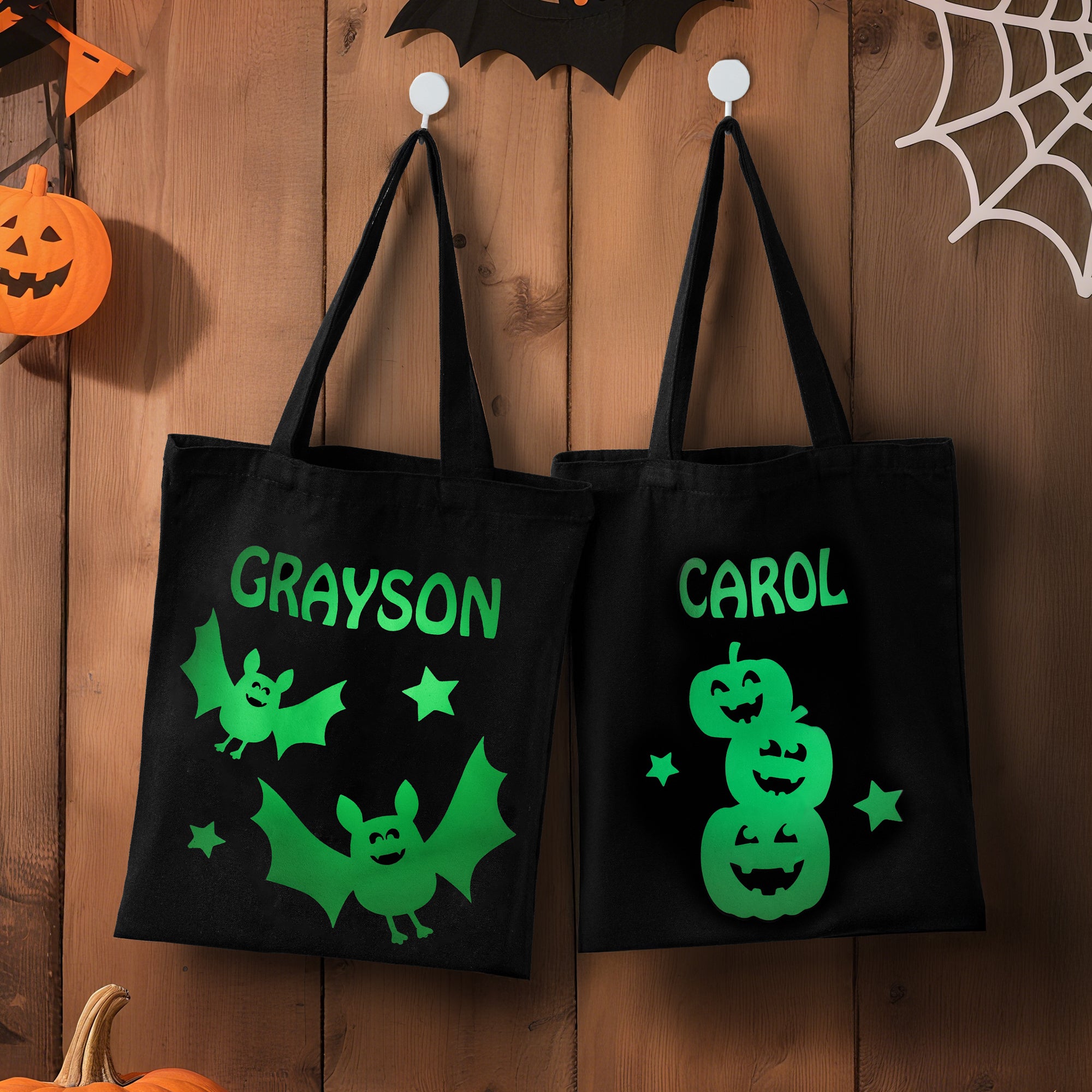 Bolsa de caramelos de lona personalizada que brilla en la oscuridad Murciélago Gato Calabaza Araña con nombre Accesorios reutilizables Regalo de Halloween para niños Familia Amigos