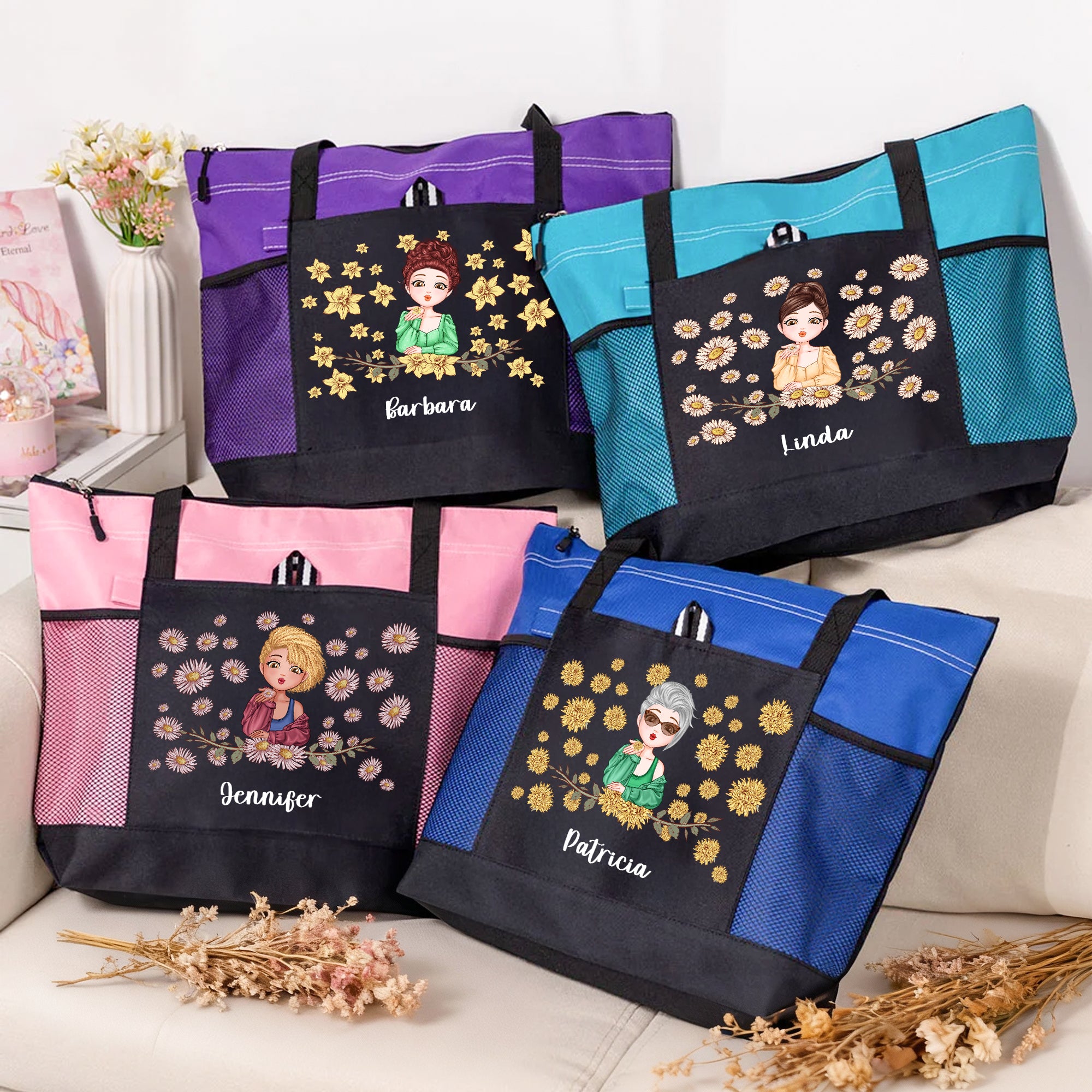 Personalizada Nacimiento Flor Caricatura Personaje Grande Oxford Bolsa Tote con Bolsillo de Malla y Nombre Viaje Cumpleaños Regalo para Mujeres