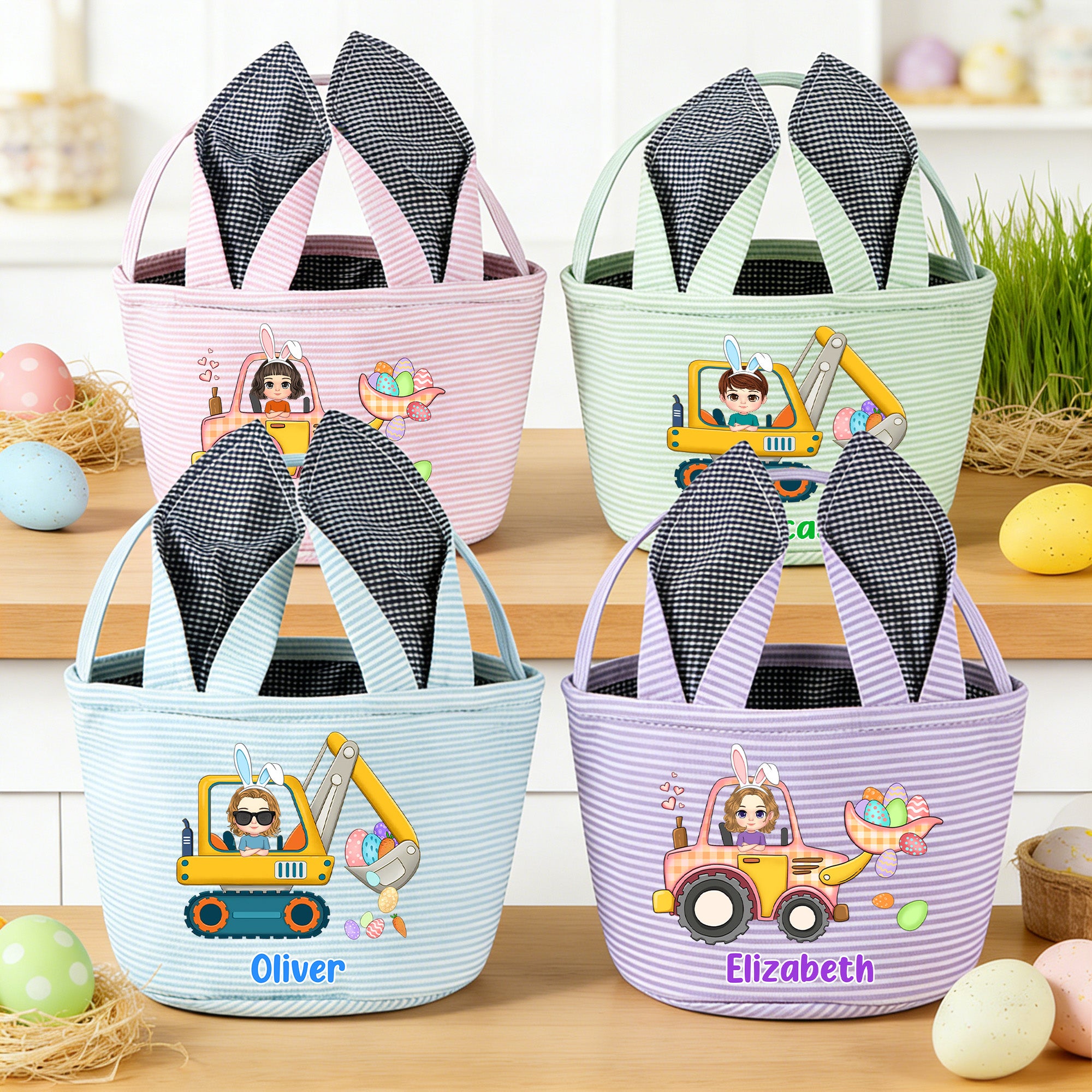 Huevos de Pascua personalizados Excavadora Personaje de dibujos animados Cesta de Pascua a rayas con nombre y orejas de conejo Fiesta de Pascua Huevos de caza Regalo para niños