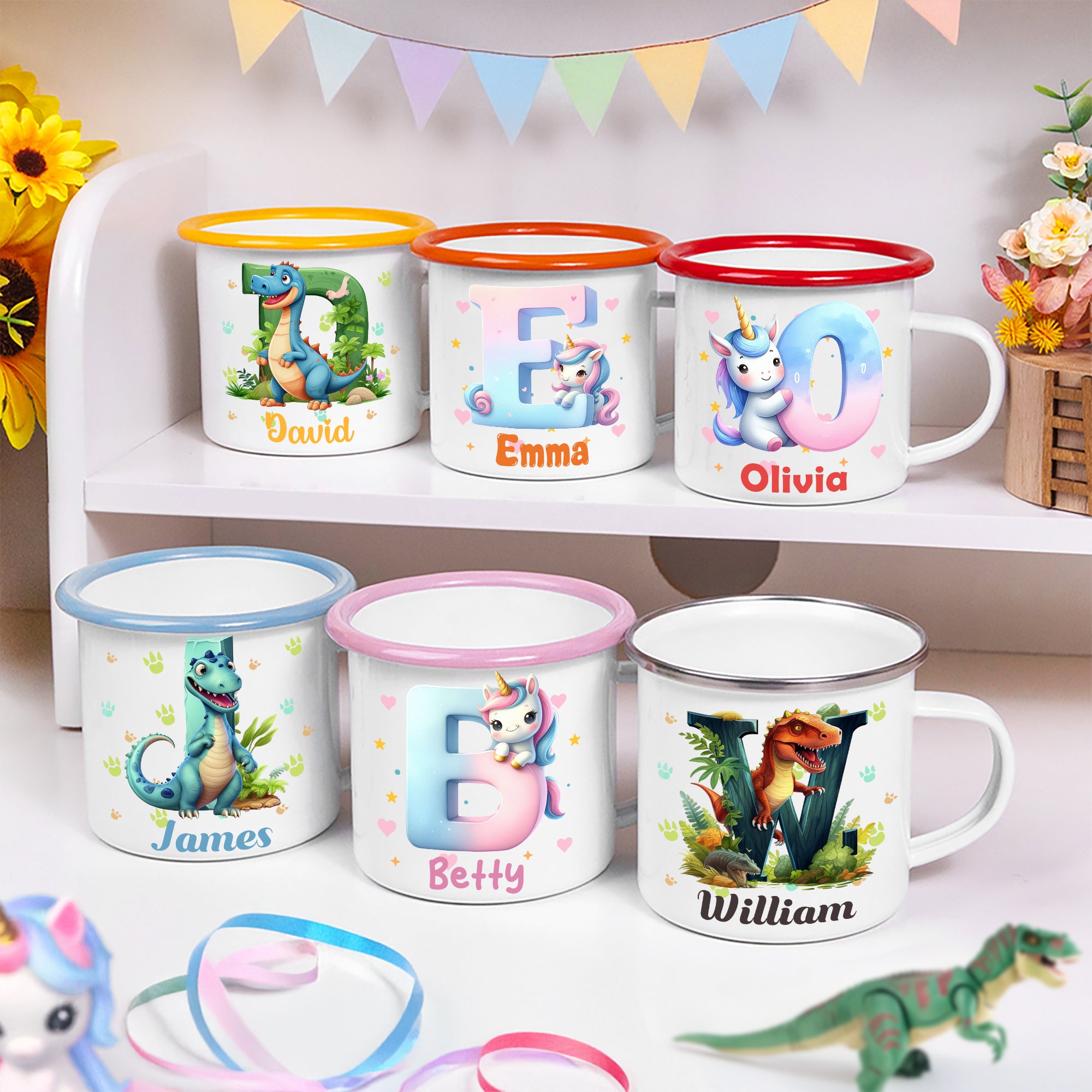 Taza esmaltada con nombre e inicial personalizada Fantasy Unicorn Dinosaur 12 oz Multicolor Rim Back to School Gift for Kids