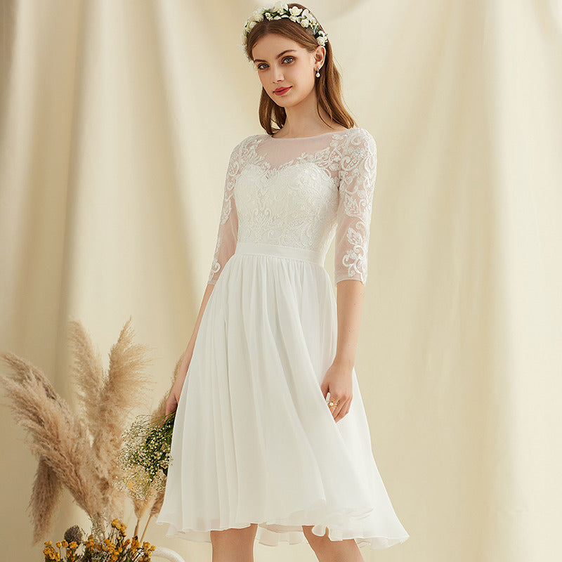 Bridal Wedding Dress Ivory 1 2 Sleeve Short Scoop A-line