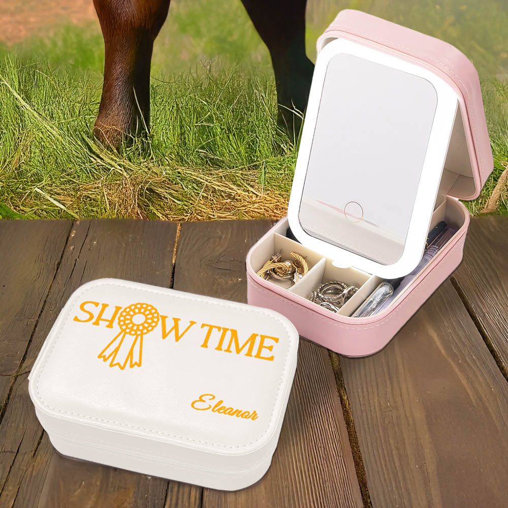 Medalla personalizada Show Time Joyero de cuero con LED de tres colores ajustable Espejo de maquillaje Ecuestre Regalo de cumpleaños para las mujeres amantes de los caballos