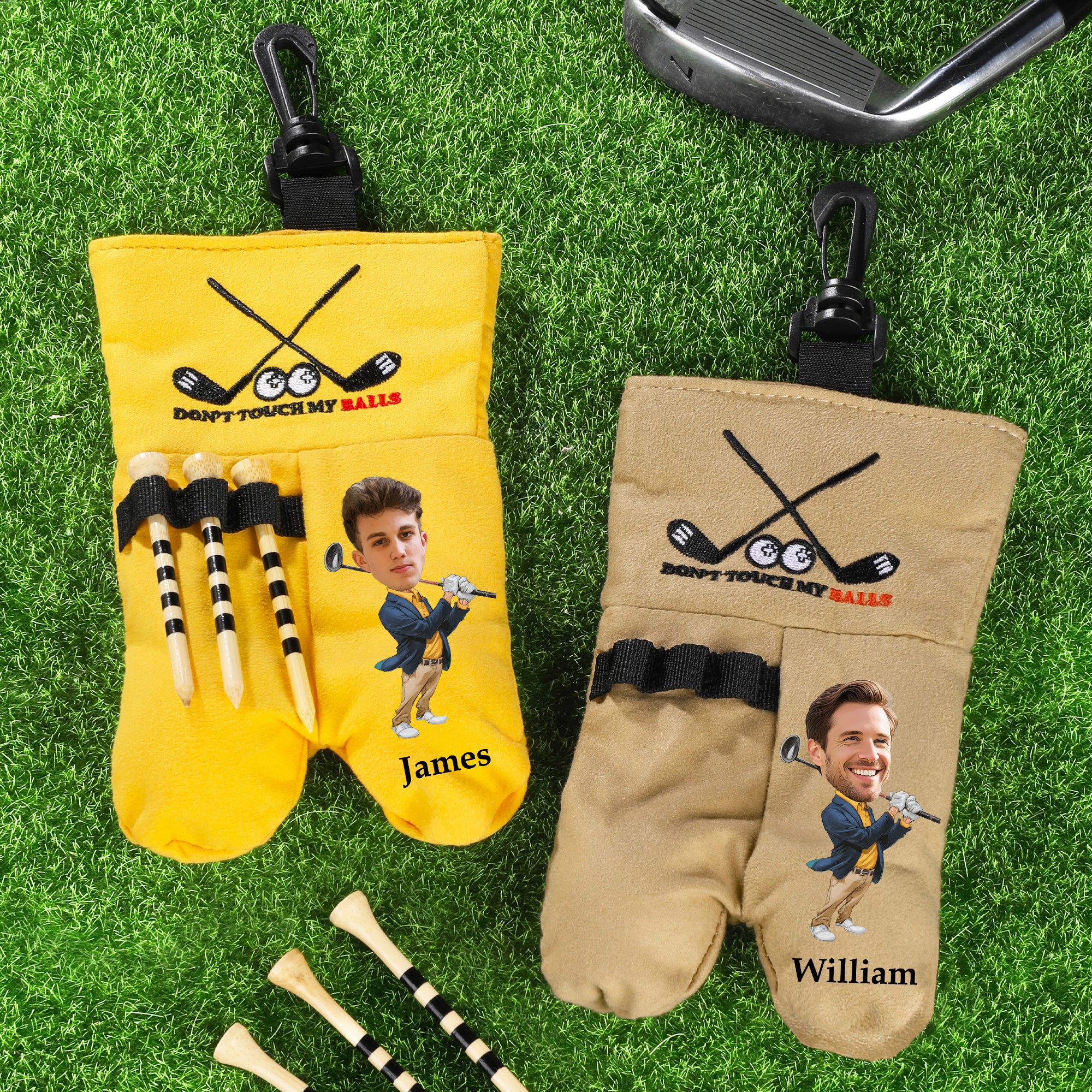 Palo de golf personalizado Cara de personaje de dibujos animados Bolsa para pelotas de golf con nombre Accesorios de golf Regalo de cumpleaños para los amantes del golf