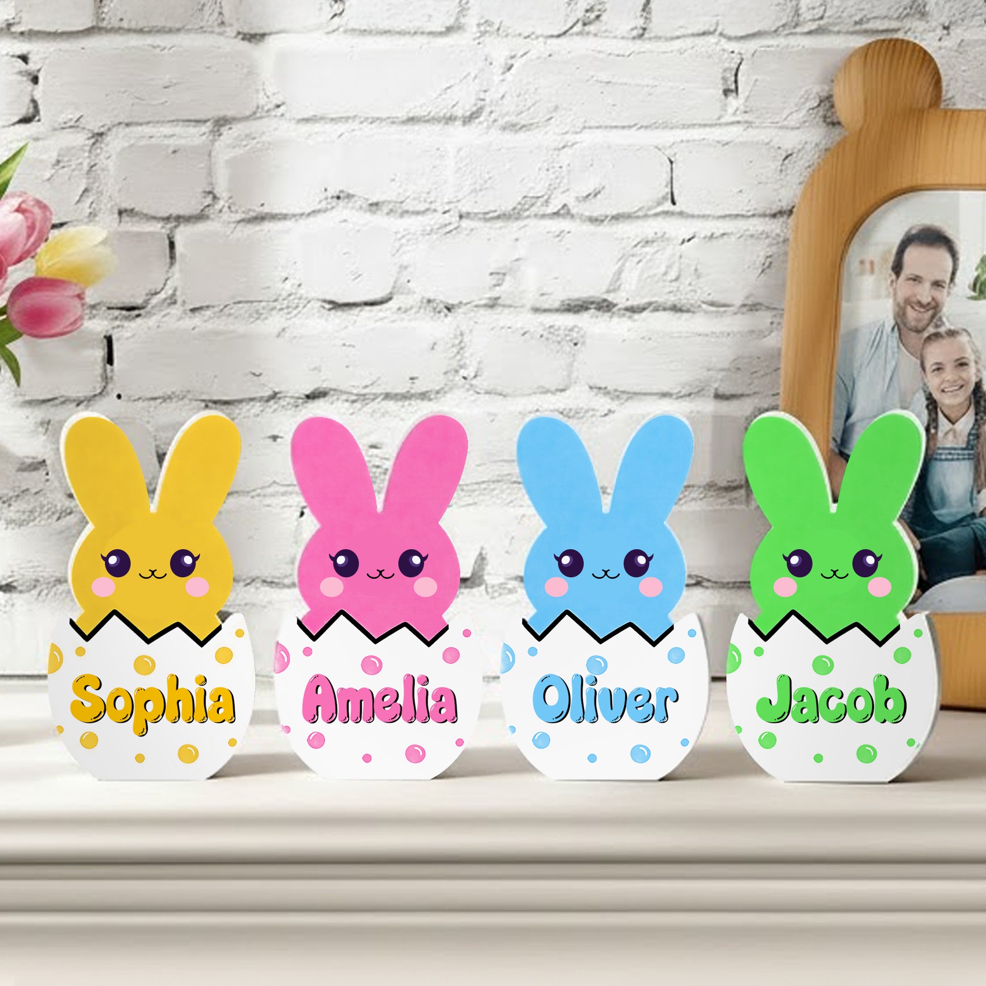 Conejo de Pascua Multicolor Personalizado Adorno de Placa con Nombre Decoración de Escritorio Cesta de Relleno Fiesta de Pascua Regalo para la Familia