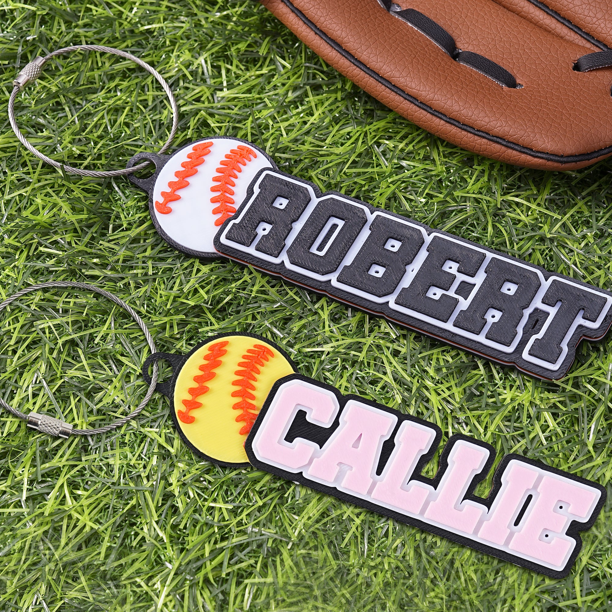 Llavero personalizado con nombre en 3D de béisbol Softball Bolsa con etiqueta Regalo de vuelta al cole para los amantes del béisbol Softball