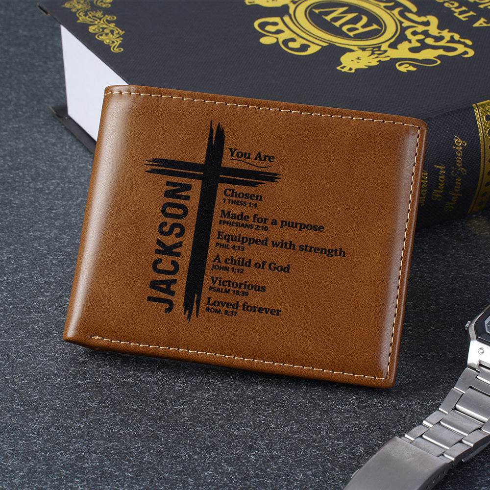 Personalizada You Are Chosen Cross Billetera Plegable de Cuero PU para Hombre con Nombre Día del Padre Bautizo Cumpleaños Regalo para Cristianos Hombres