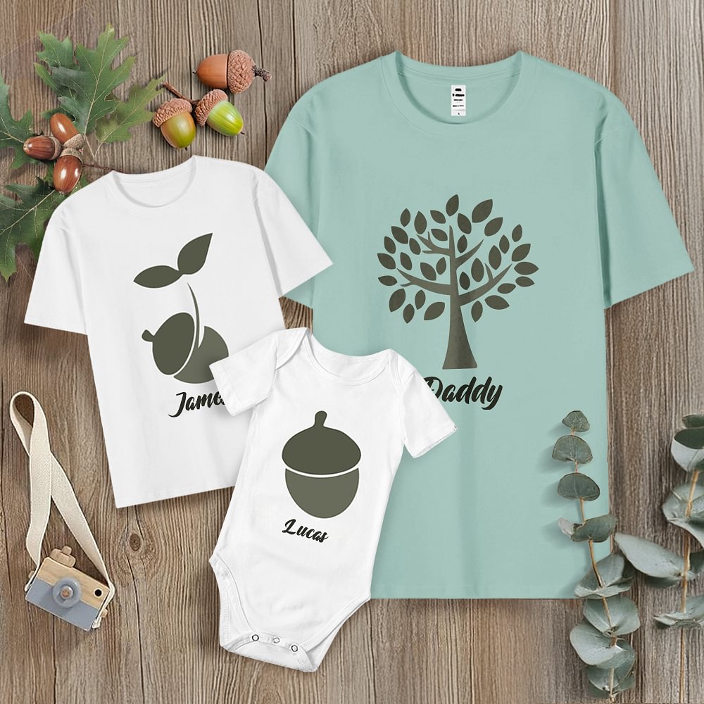 Personalizado Oak Tree Acorn 100% algodón camiseta del bebé body con nombre Día del Padre Cumpleaños Regalo para Amigo Familia