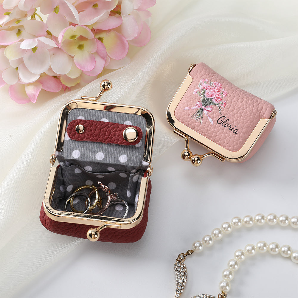 Personalizado Nacimiento Flor Ramo Vintage Mini Caja de joyería de cuero con nombre y Kiss Lock Viaje Esencial Cumpleaños Novia Regalo para las mujeres