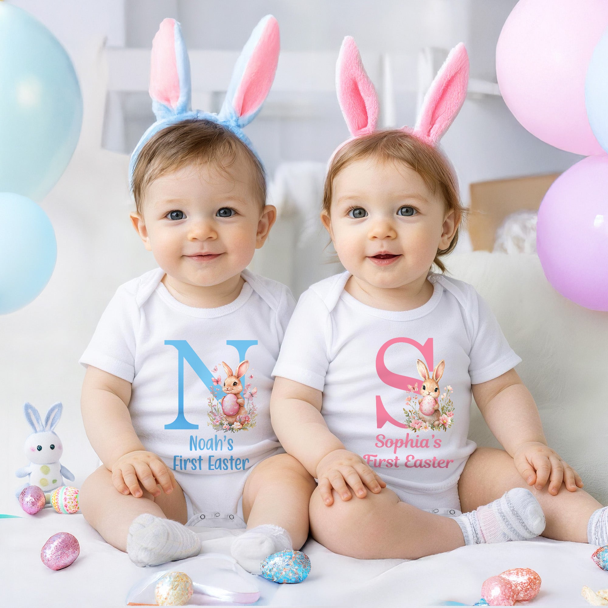 Conejito de Pascua personalizado con iniciales 100% Algodón Pelele para bebé con nombre Fiesta de Pascua Regalo para niños Niños Niñas
