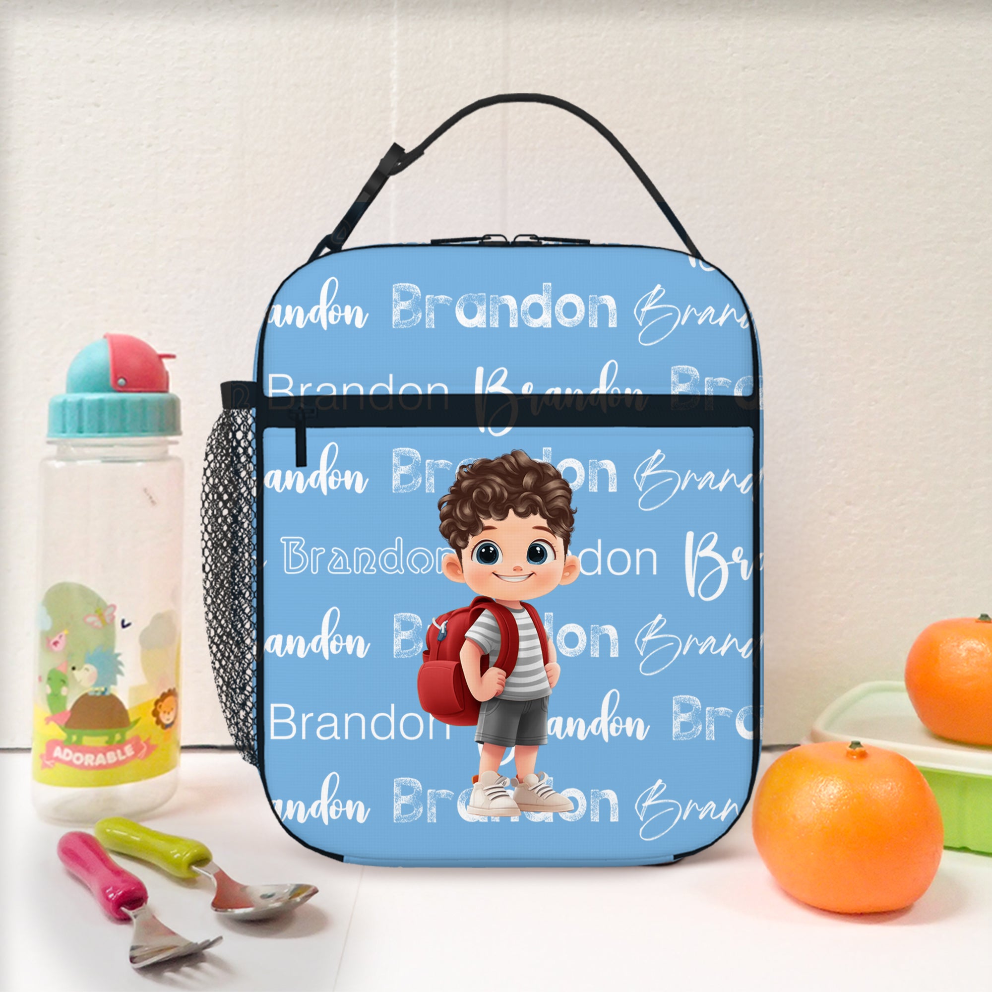 Bolsa de almuerzo isotérmica portátil personalizada con nombre y bolsillo de malla Personaje infantil de dibujos animados Regalo de cumpleaños de vuelta al cole para niños Niñas