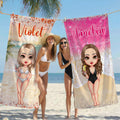 Toalla de playa de secado rápido con nombre Personalizada Paisaje de playa Dibujos animados Personaje de mujer Regalo de fiesta en la playa para mujer
