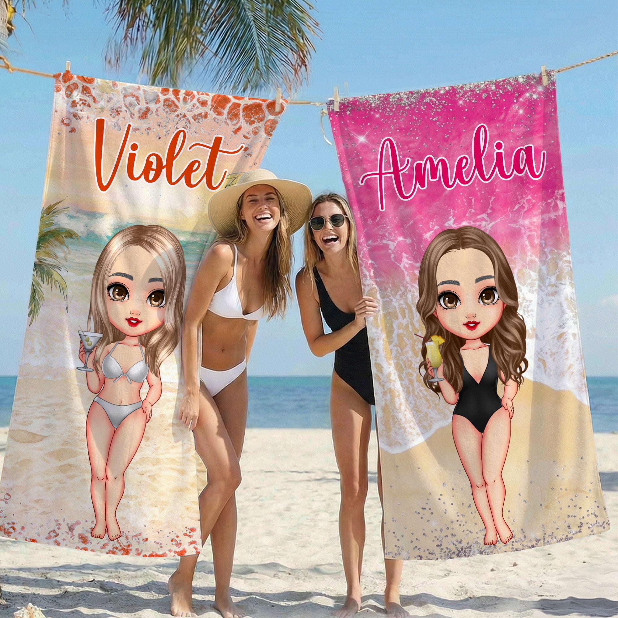Toalla de playa de secado rápido con nombre Personalizada Paisaje de playa Dibujos animados Personaje de mujer Regalo de fiesta en la playa para mujer