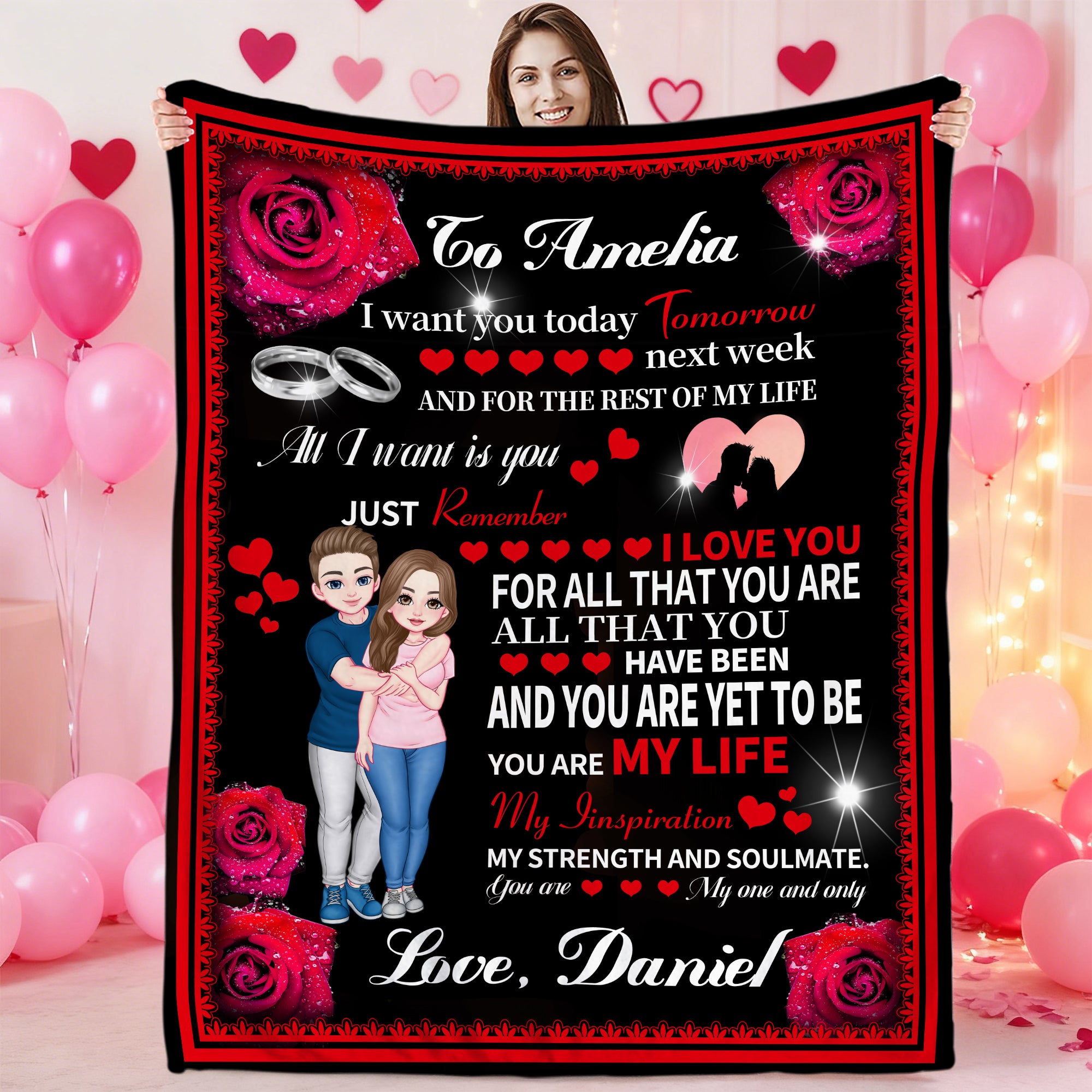 Personalizada Rose Heart Cartoon Character Soft Throw Blanket with Name Valentine's Day Anniversary Gift for Family Friends