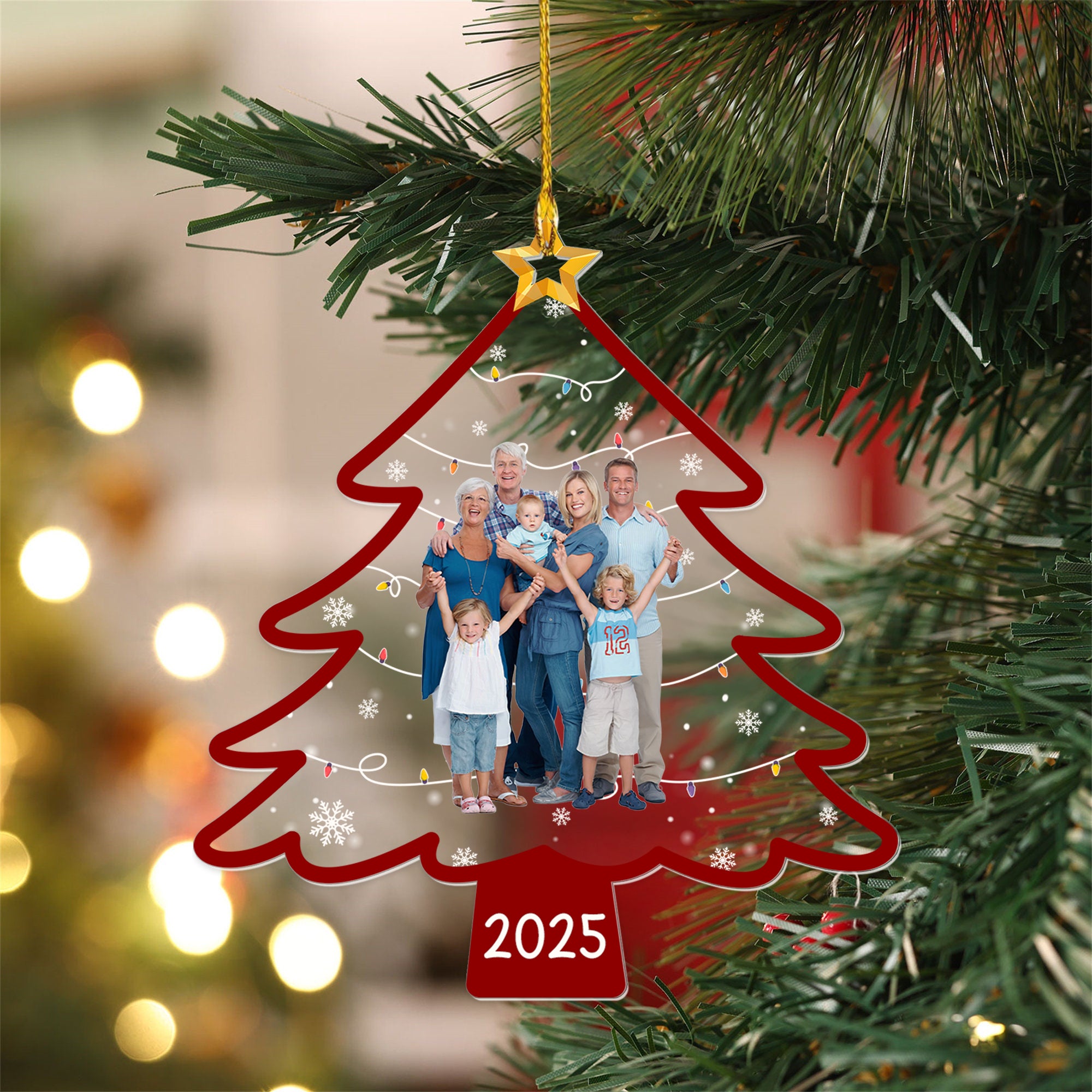Adorno de árbol de Navidad personalizado en acrílico con foto y año diseño de copo de nieve para decoración regalo de Navidad para familia y amigos