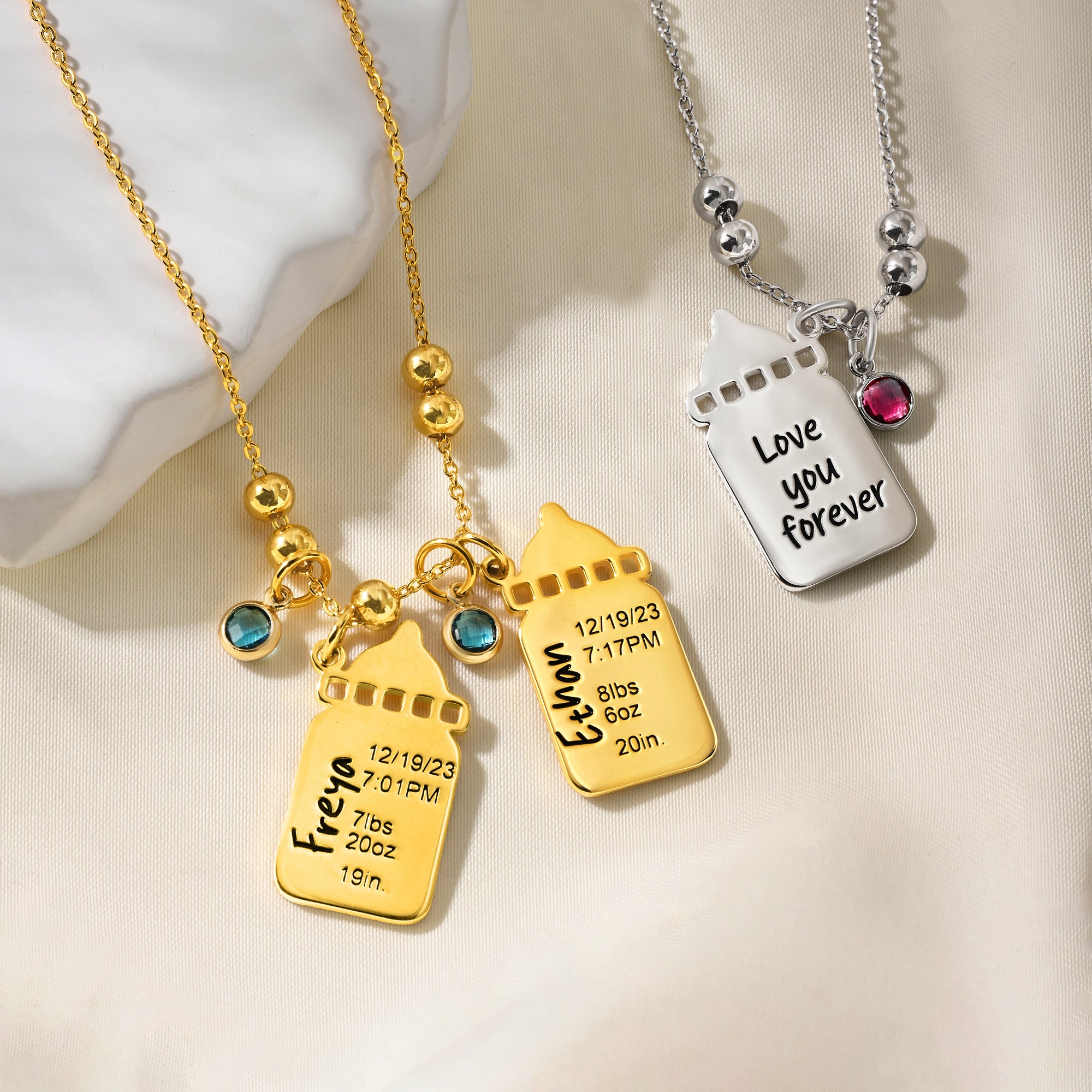 Personalizado bebé nacimiento estadísticas 1-3 bebé botella collar con texto grabado y Birthstone Birth Announcement Baby Shower regalo para el niño nueva mamá