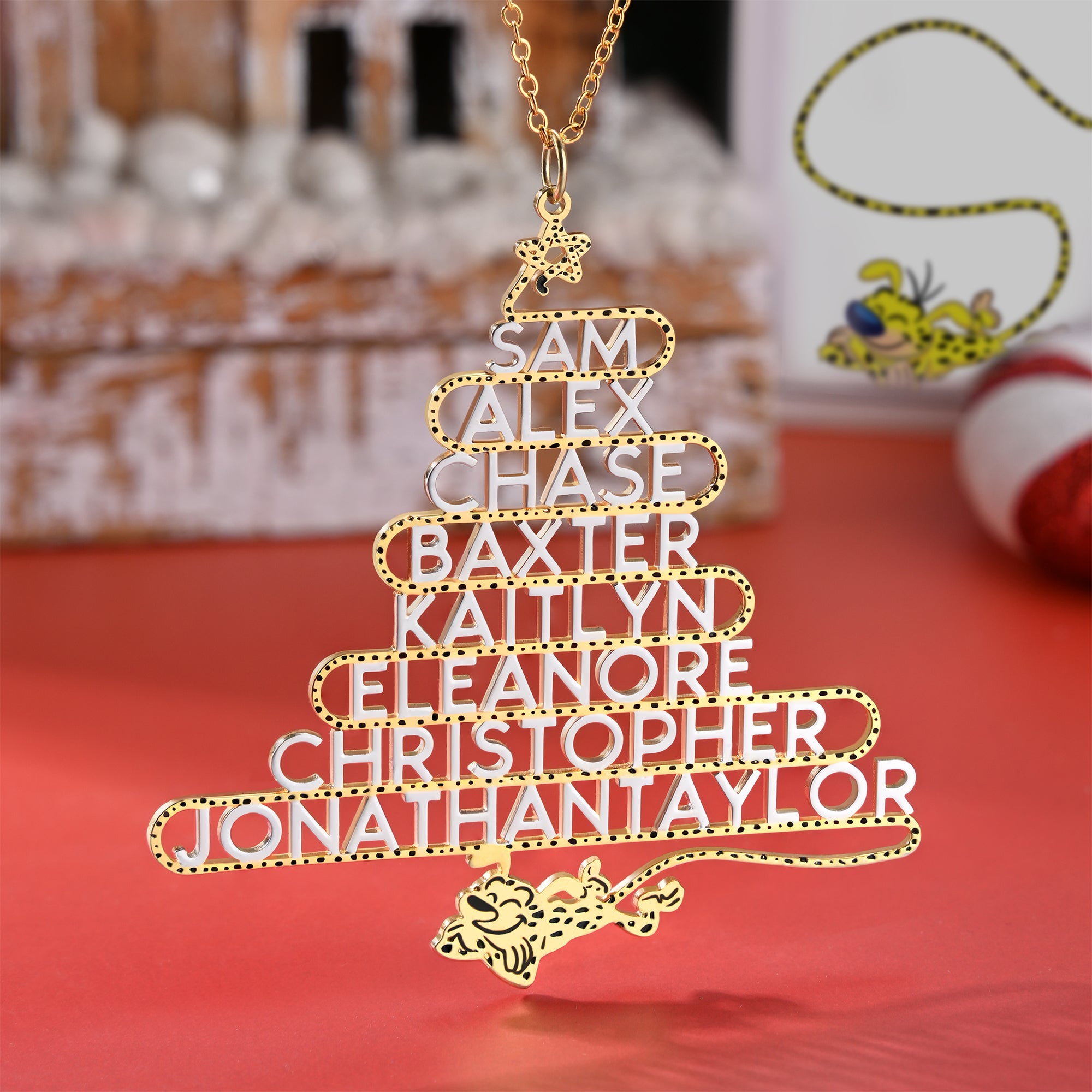 Collar personalizado en forma de árbol de Navidad Marsupilami de cola larga con nombres Regalo de Navidad para mujer Niña | Callie × Marsupilami