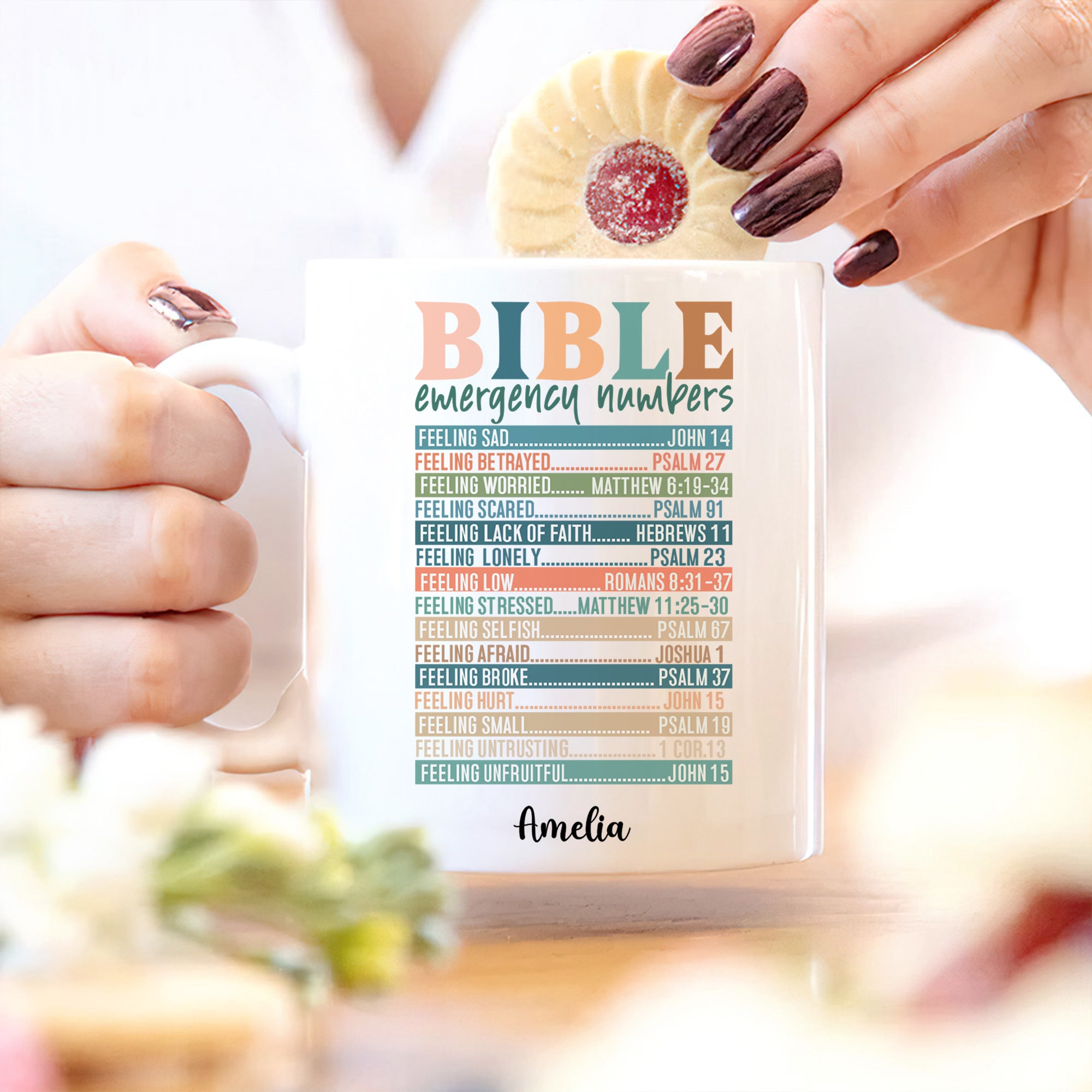 Personalizada Multicolor Biblia Números de Emergencia 11 oz Taza de Cerámica con Nombre Cumpleaños Bautizo Regalo para Cristiano
