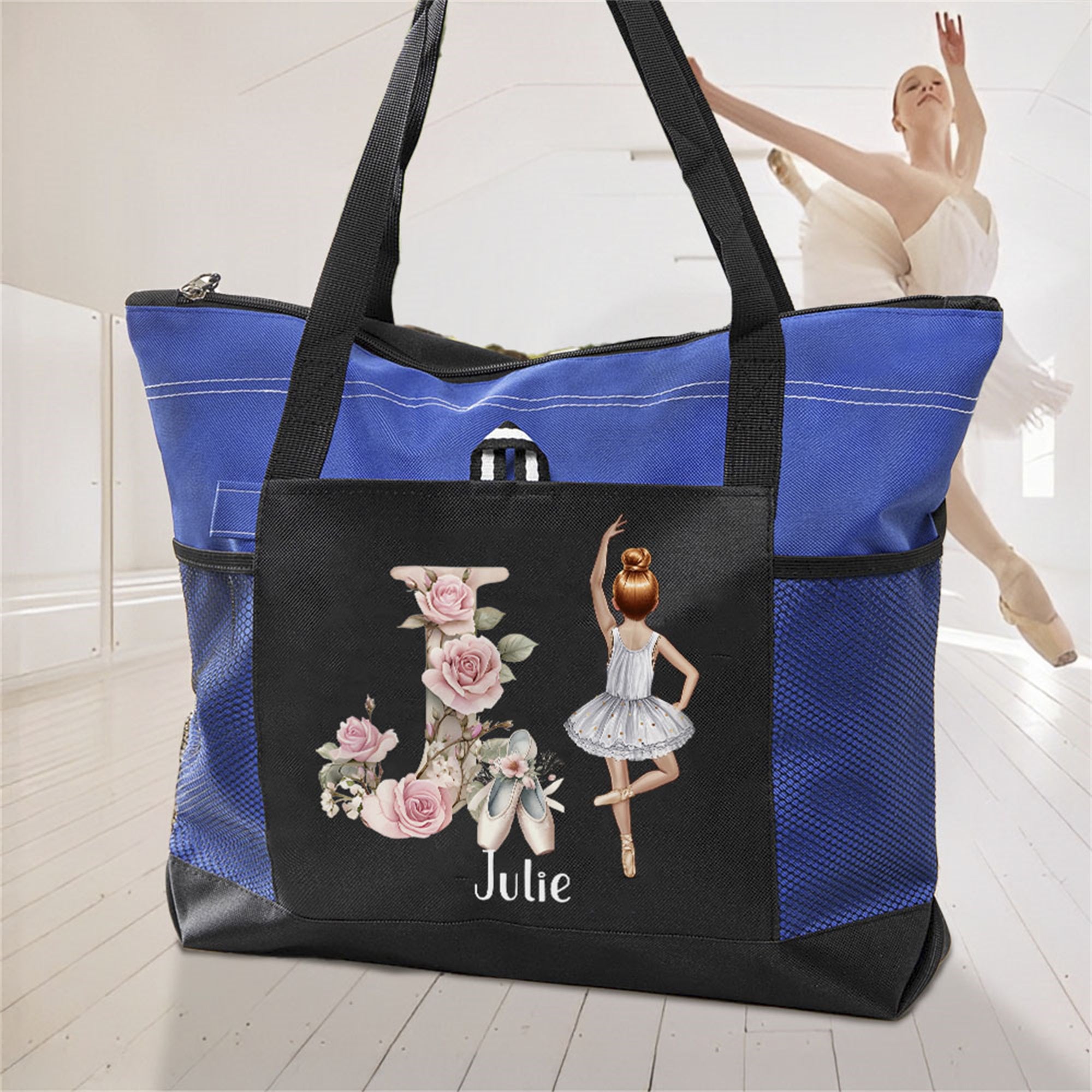 Bolsa de gran capacidad personalizada con nombre y bolsillos de malla para chica de ballet de dibujos animados Regalo de cumpleaños de Navidad para amigos amantes de la danza de ballet