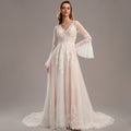 Bridal Wedding Dress Ivory-Nude Long Sleeve Long V-Neck A-line