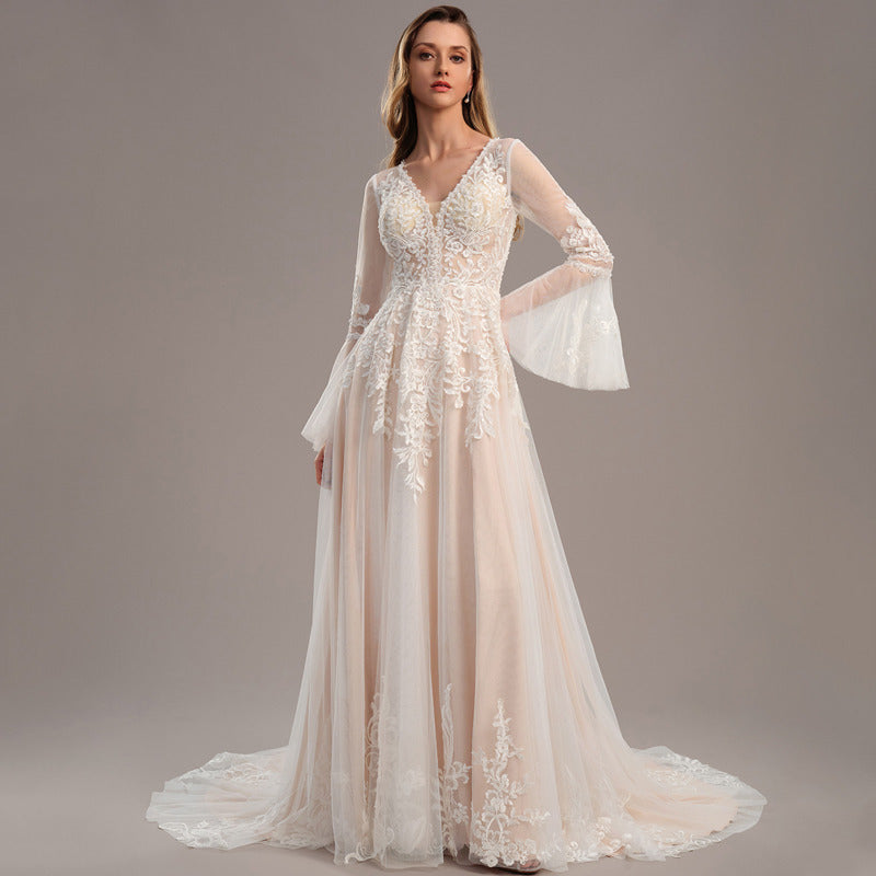 Bridal Wedding Dress Ivory-Nude Long Sleeve Long V-Neck A-line