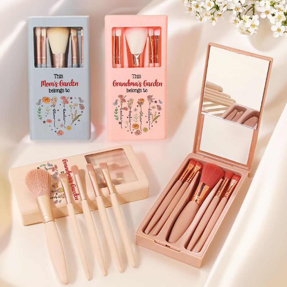 Personalizado 1-12 Nacimiento Flores Nombres Cepillo de Maquillaje Set con 5 Pcs Cepillos y Espejo Accesorios de Viaje Día de la Madre Regalo para Mamá Abuela