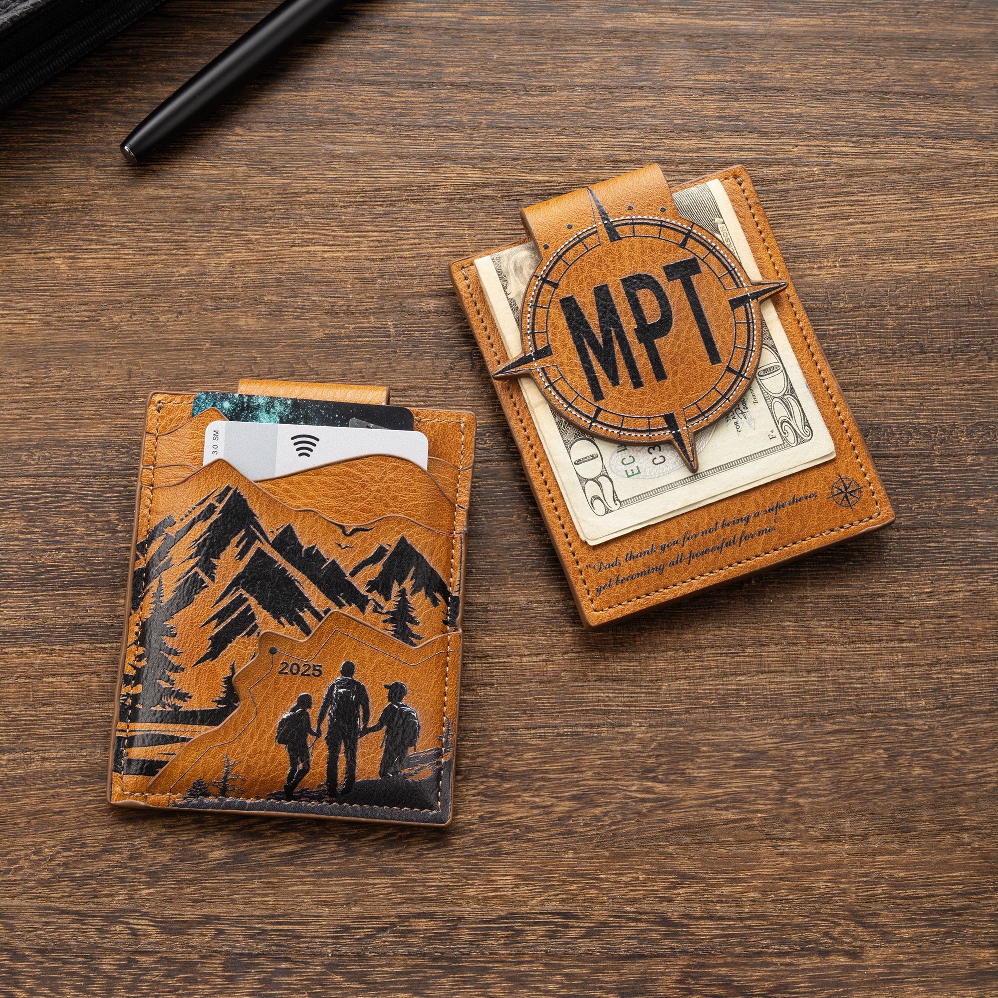 Personalizado Compass Mountain Crazy Horse PU Tarjetero Billetera con Acrónimo Día del Padre regalo para el padre