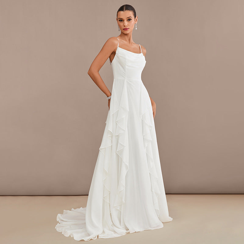 Bridal Wedding Dress Ivory Spaghetti Straps Long Cowl A-line Chiffon