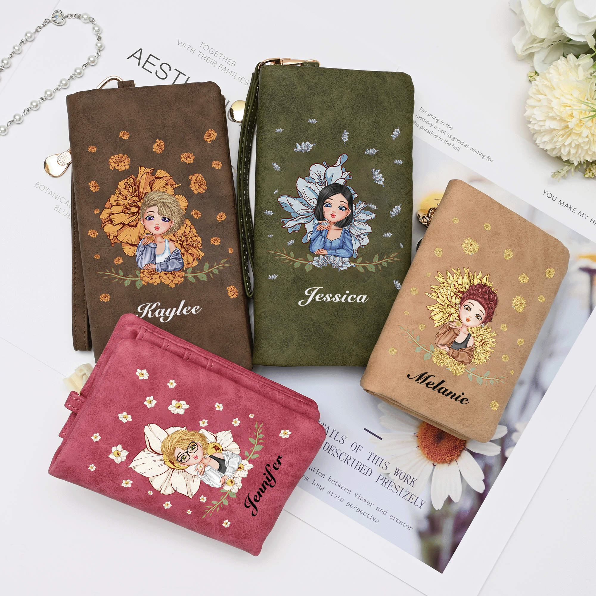 Personalizada de dibujos animados de niña de vuelo de nacimiento de la flor de cuero de PU plegado billetera con nombre y múltiples ranuras para tarjetas de cumpleaños Aniversario de regalo para las m