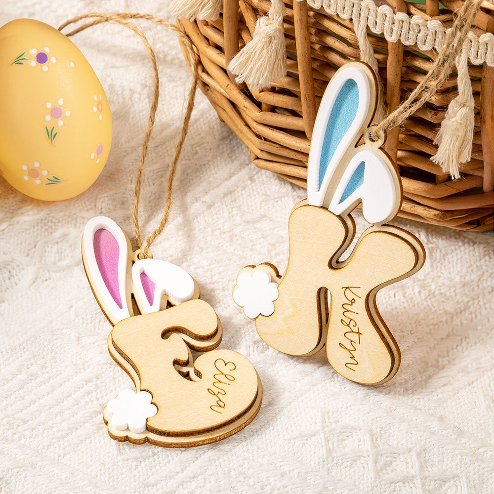 Conejito personalizado con orejas y cola Etiqueta de madera con iniciales para cesta de Pascua con nombre Cumpleaños Fiesta de Pascua Día del niño Regalo para niños