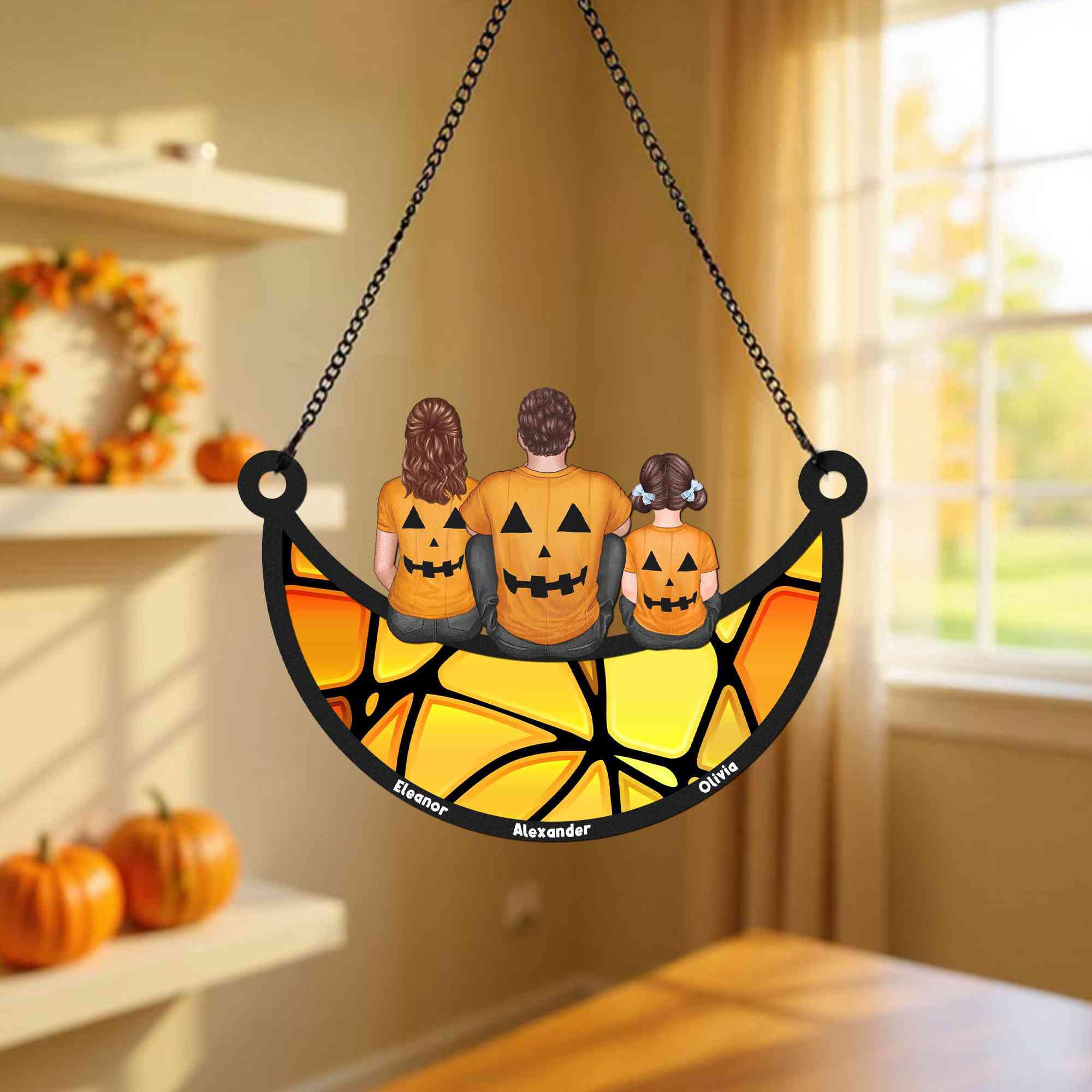 Atrapasol Personalizado de Halloween con Personaje de Dibujos Animados en Forma de Luna para Colgar en la Ventana con Nombres Decoración para el Hogar Regalo de Halloween para la Familia