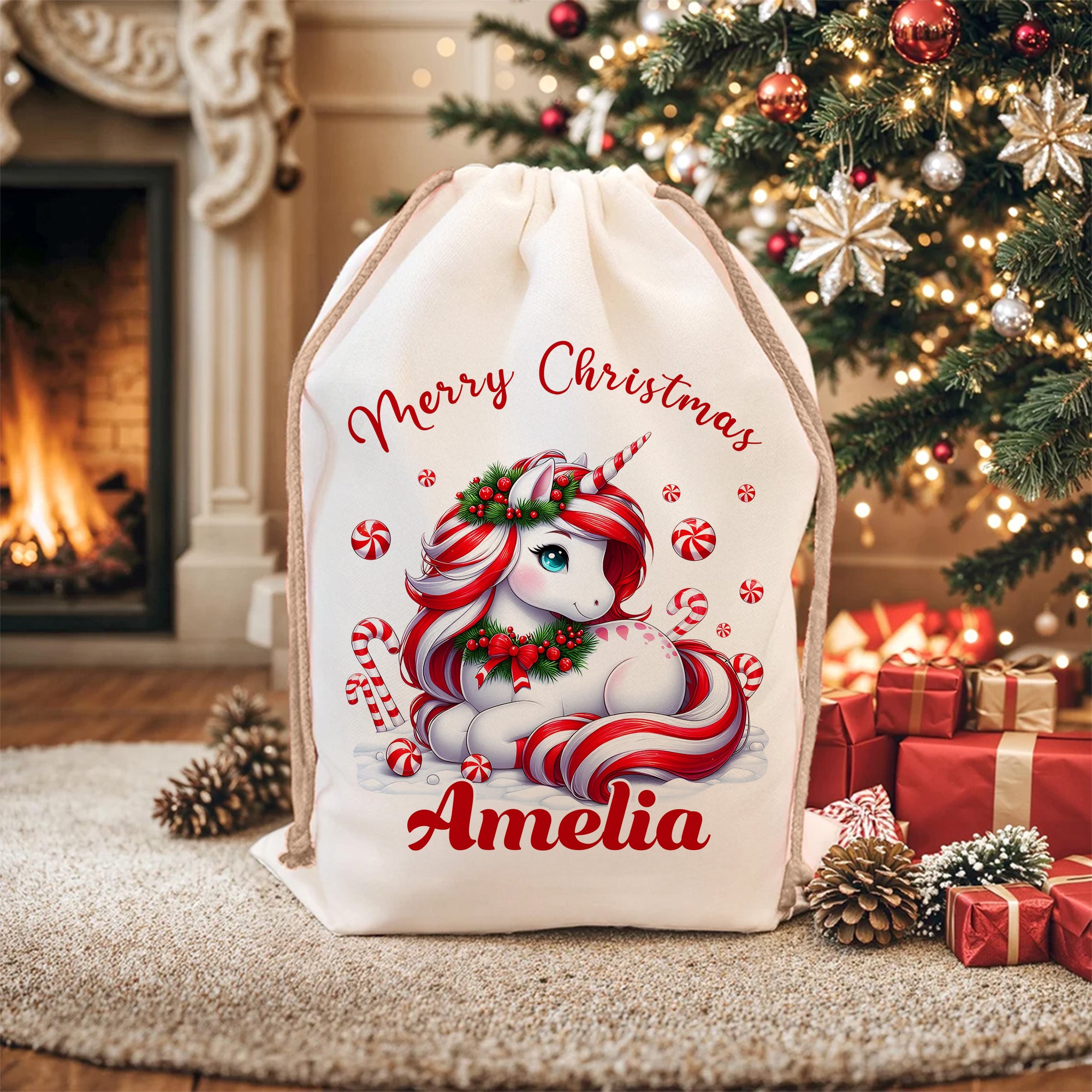 Personalizada Feliz Navidad Fantasía Unicornio Bolsa de Regalo con Nombre Fiesta de Nochebuena para Niñas Niños