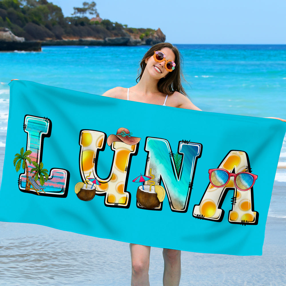 Toalla de playa personalizada multicolor para gafas de sol de verano de secado rápido con nombre Regalo de cumpleaños esencial para viajes de vacaciones para un amigo de la familia