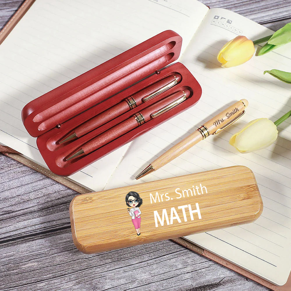 Set de Bolígrafo y Estuche de Madera Personalizado con Nombre de Profesor con Tema de Dibujos animados Regalo de Vuelta al Cole para un Colega Profesor