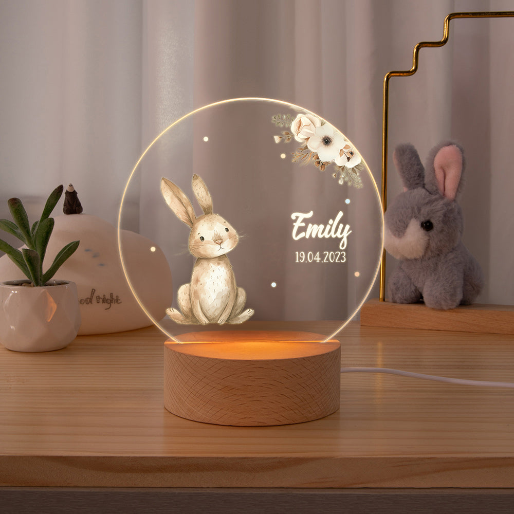 Personalizada Floral Oso Conejo Animal LED Luz de Noche con Nombre y Base de Madera Guardería Decoración del Hogar Baby Shower Regalo de Cumpleaños para Bebé Niño