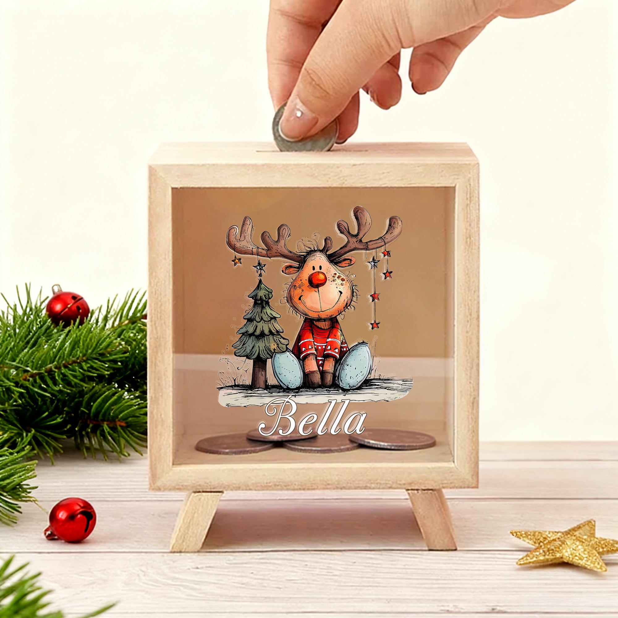 Hucha transparente de madera personalizada con el nombre del reno en el árbol de Navidad Regalo de Navidad para niños